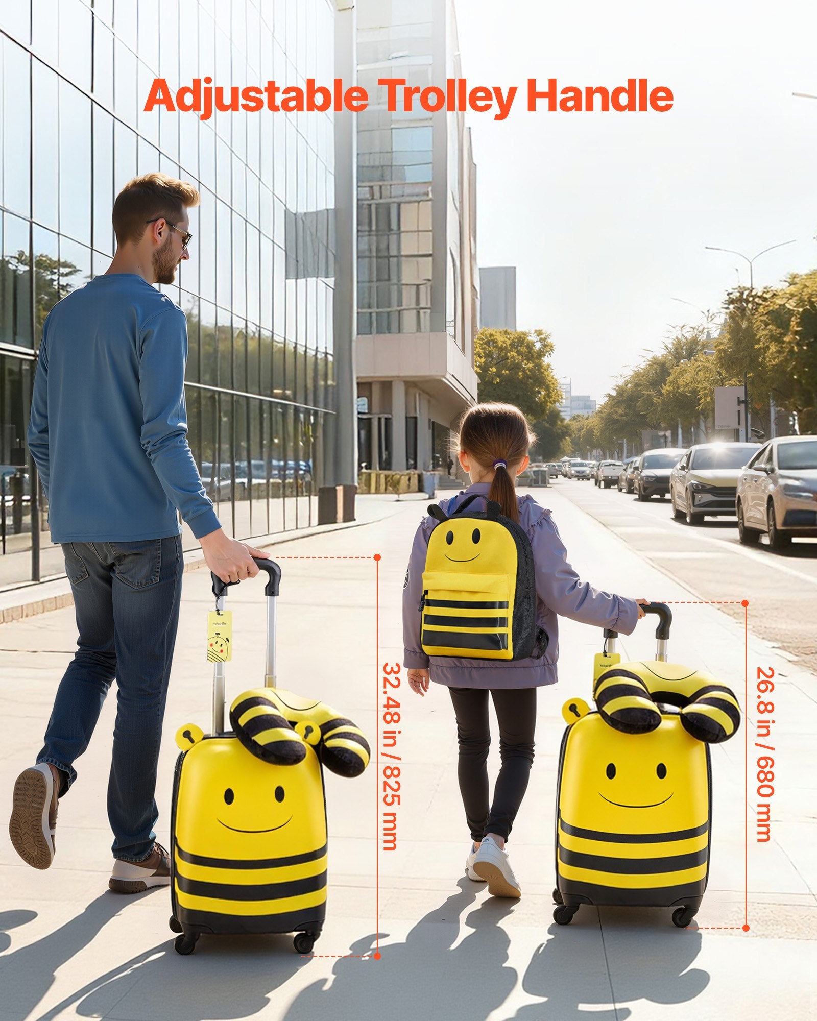 5-Piece Kids Luggage Set with 18-Inch Hardside Suitcase, Backpack, U-Shape Pillow, Bee Design, Holiday Gift, Travel Essentials