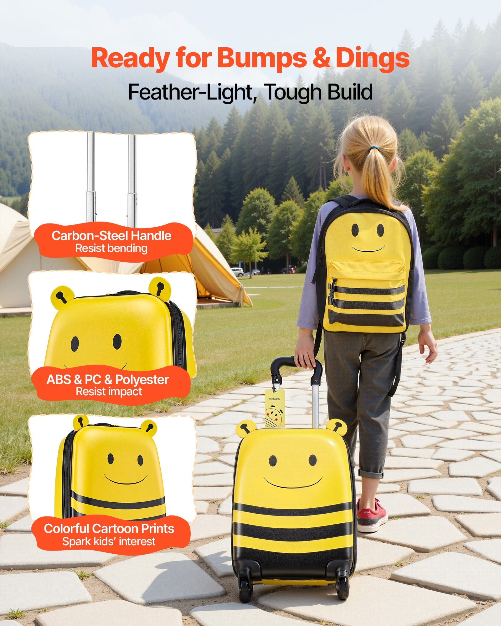 5-Piece Kids Luggage Set with 18-Inch Hardside Suitcase, Backpack, U-Shape Pillow, Bee Design, Holiday Gift, Travel Essentials