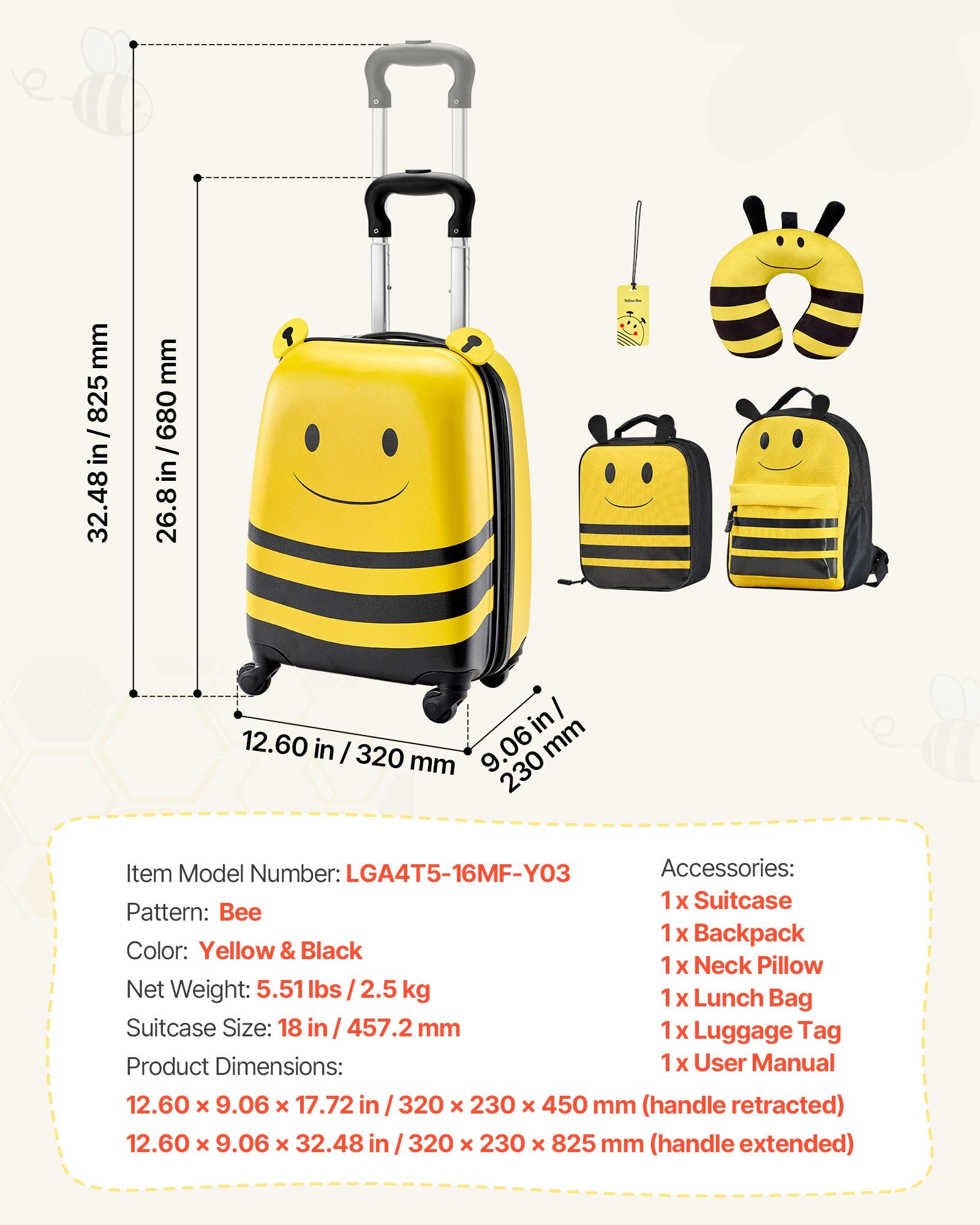 5-Piece Kids Luggage Set with 18-Inch Hardside Suitcase, Backpack, U-Shape Pillow, Bee Design, Holiday Gift, Travel Essentials