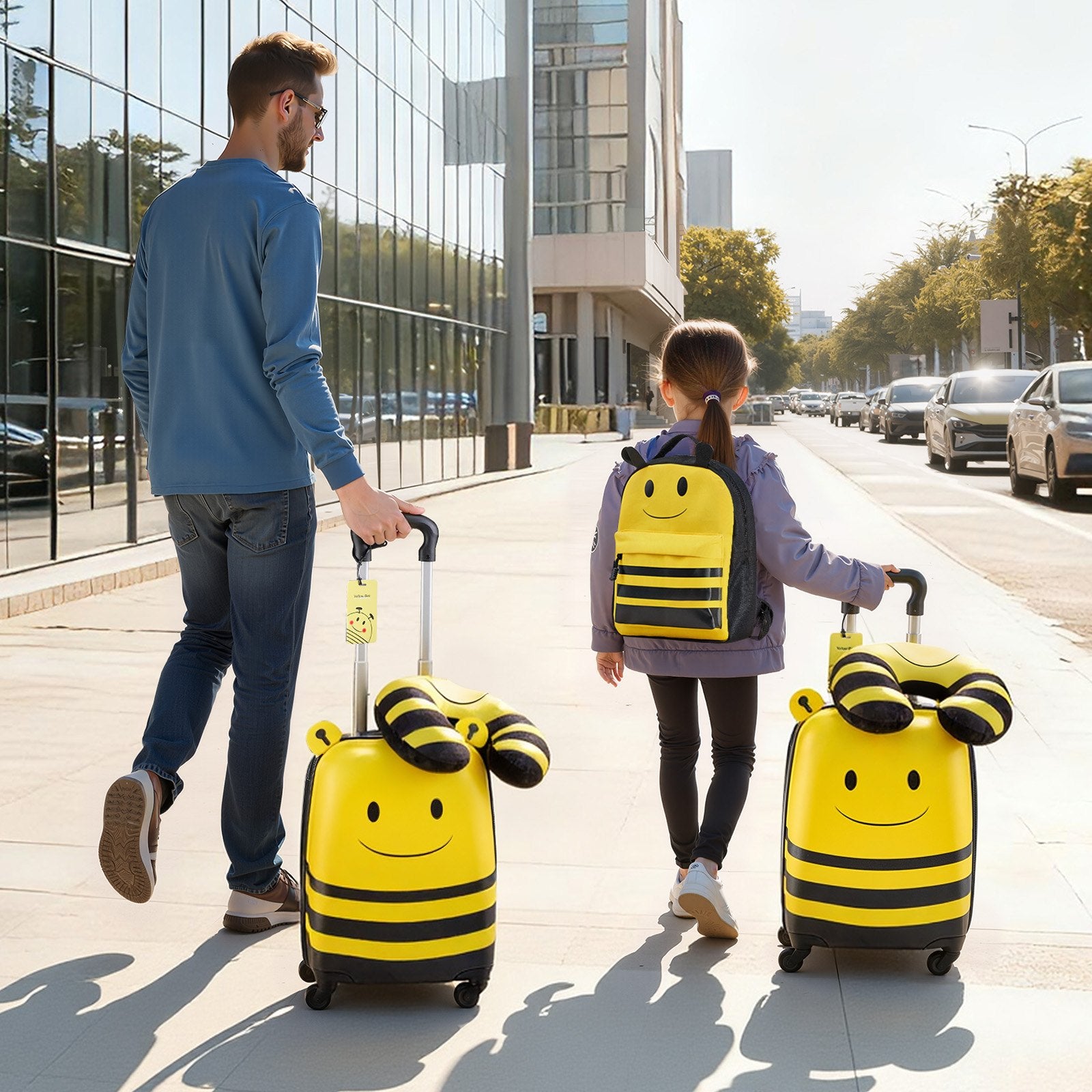 5-Piece Kids Luggage Set with 18-Inch Hardside Suitcase, Backpack, U-Shape Pillow, Bee Design, Holiday Gift, Travel Essentials