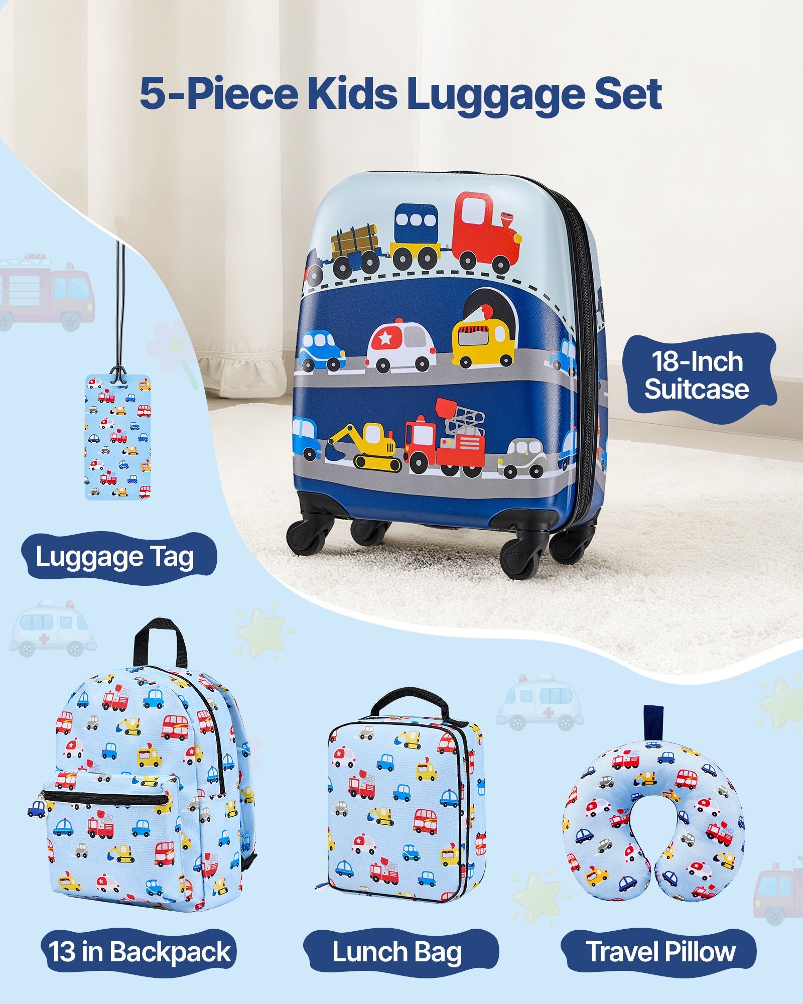 5-Piece Kids Luggage Set with 18-Inch Hardside Suitcase, Backpack, U-Shape Pillow, Truck Pattern - Ideal Holiday Gift, Airline Approved