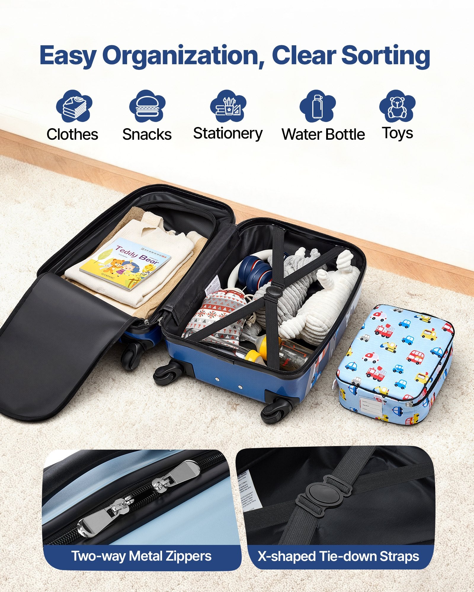 5-Piece Kids Luggage Set with 18-Inch Hardside Suitcase, Backpack, U-Shape Pillow, Truck Pattern - Ideal Holiday Gift, Airline Approved