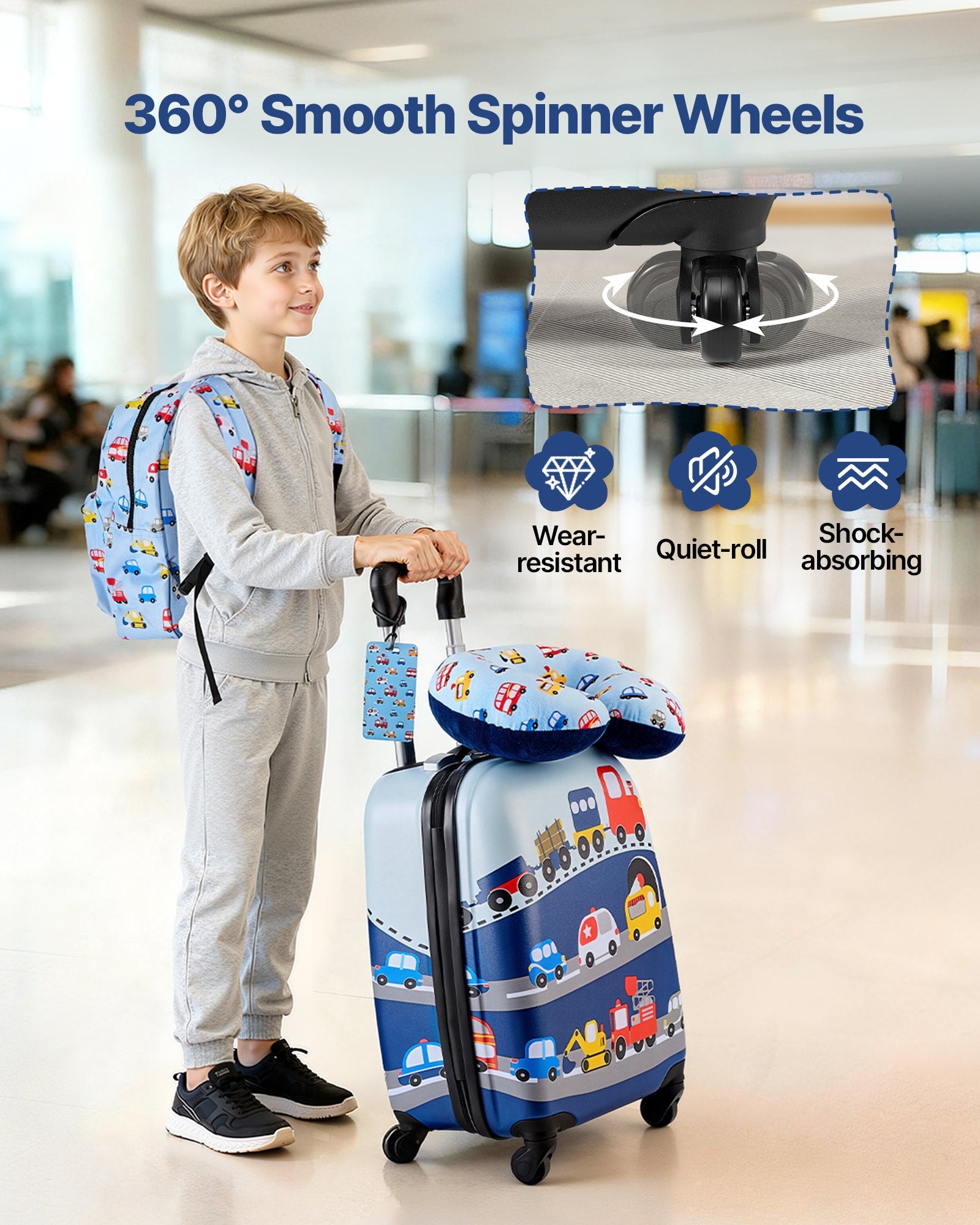 5-Piece Kids Luggage Set with 18-Inch Hardside Suitcase, Backpack, U-Shape Pillow, Truck Pattern - Ideal Holiday Gift, Airline Approved