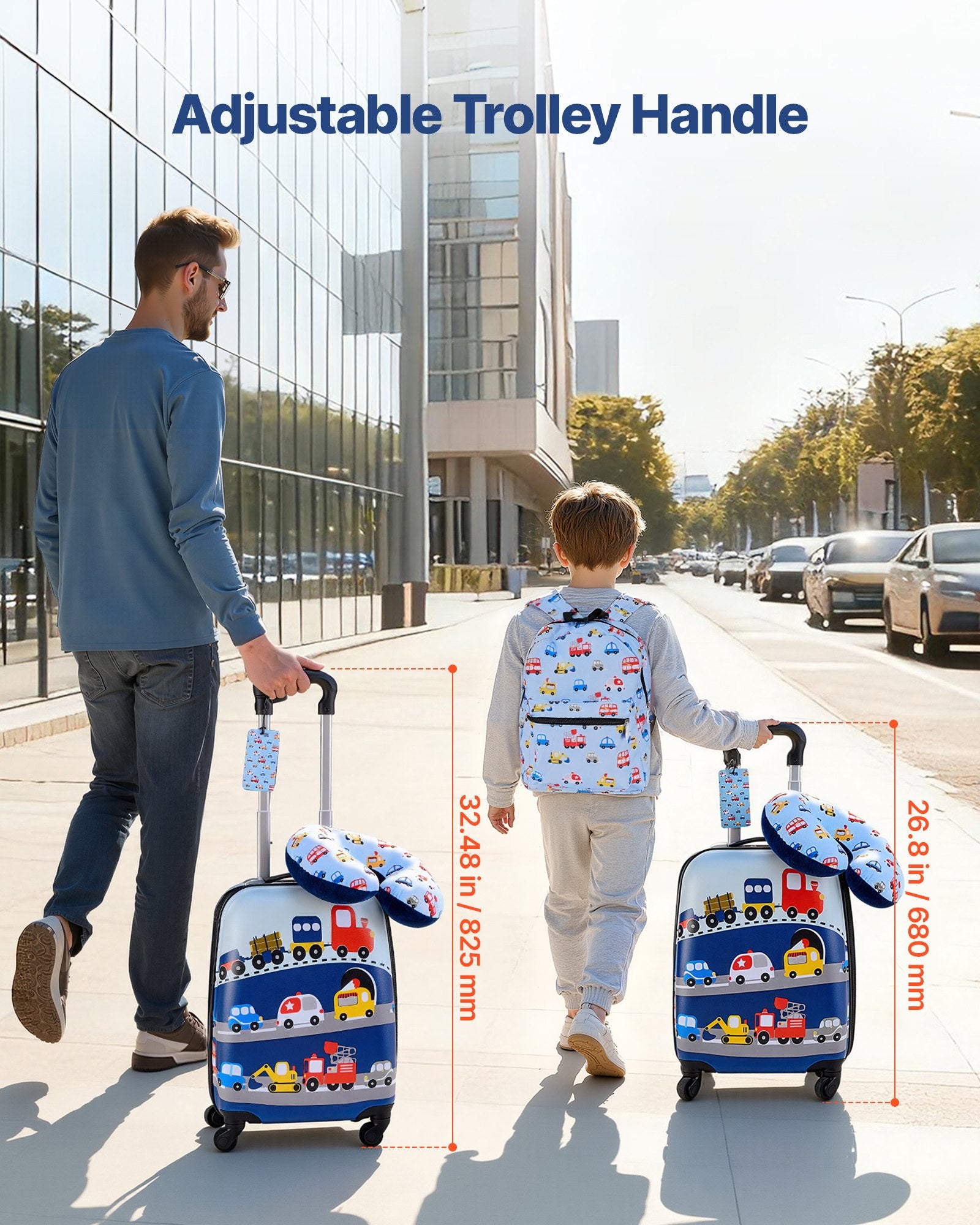 5-Piece Kids Luggage Set with 18-Inch Hardside Suitcase, Backpack, U-Shape Pillow, Truck Pattern - Ideal Holiday Gift, Airline Approved