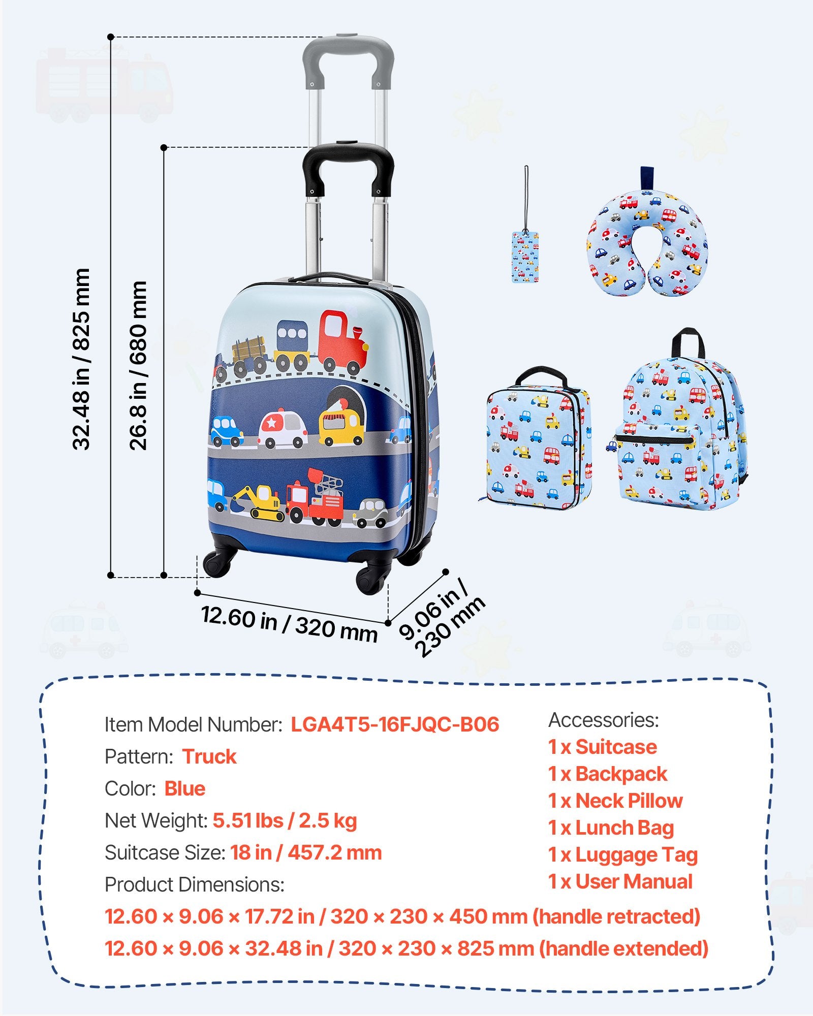 5-Piece Kids Luggage Set with 18-Inch Hardside Suitcase, Backpack, U-Shape Pillow, Truck Pattern - Ideal Holiday Gift, Airline Approved