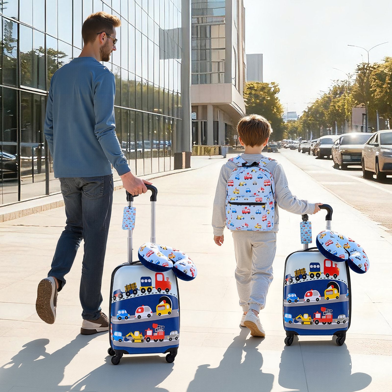 5-Piece Kids Luggage Set with 18-Inch Hardside Suitcase, Backpack, U-Shape Pillow, Truck Pattern - Ideal Holiday Gift, Airline Approved