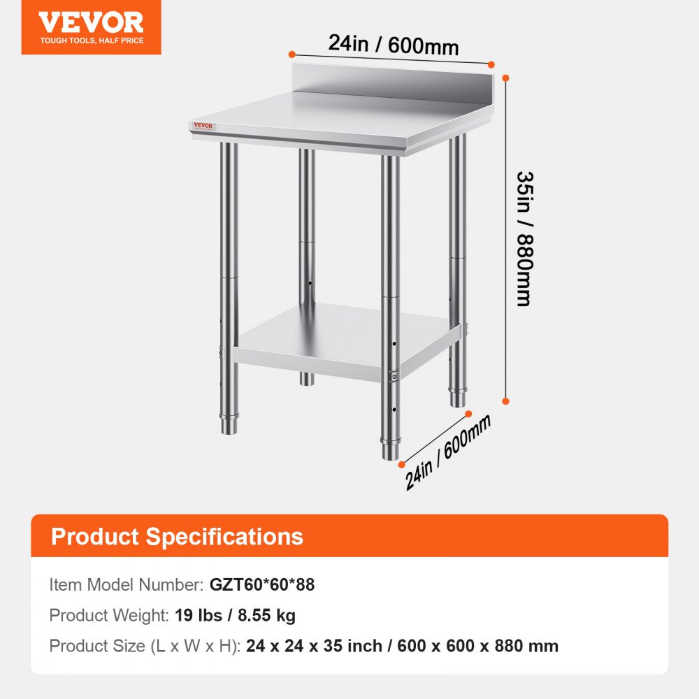 Heavy Duty 24x24 Inch Stainless Steel Food Prep Table with Adjustable Feet for Restaurants, Homes, and Hotels