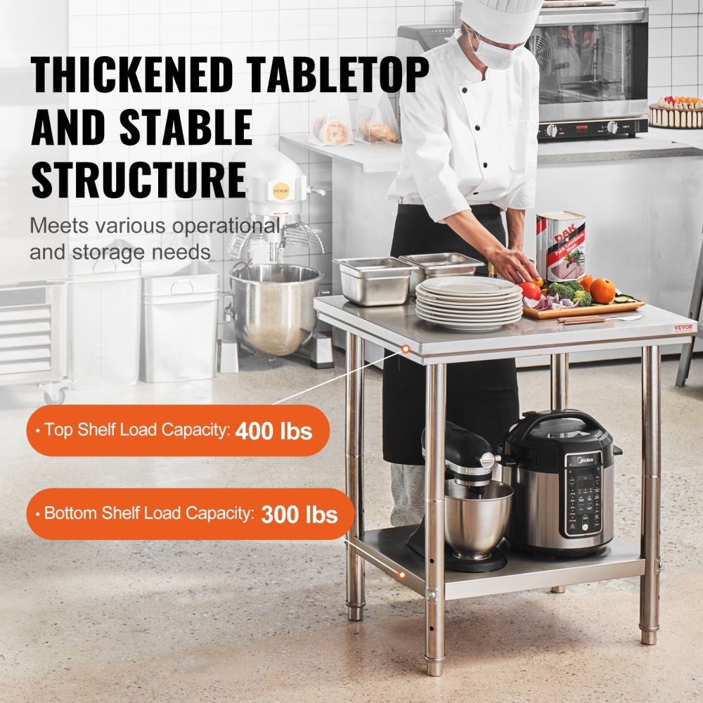 VEVOR Stainless Steel Work Table 24 x 30 x 32 Inch Commercial Food Prep Worktable for Home, Kitchen, Restaurant Metal Prep Table with Adjustable Feet