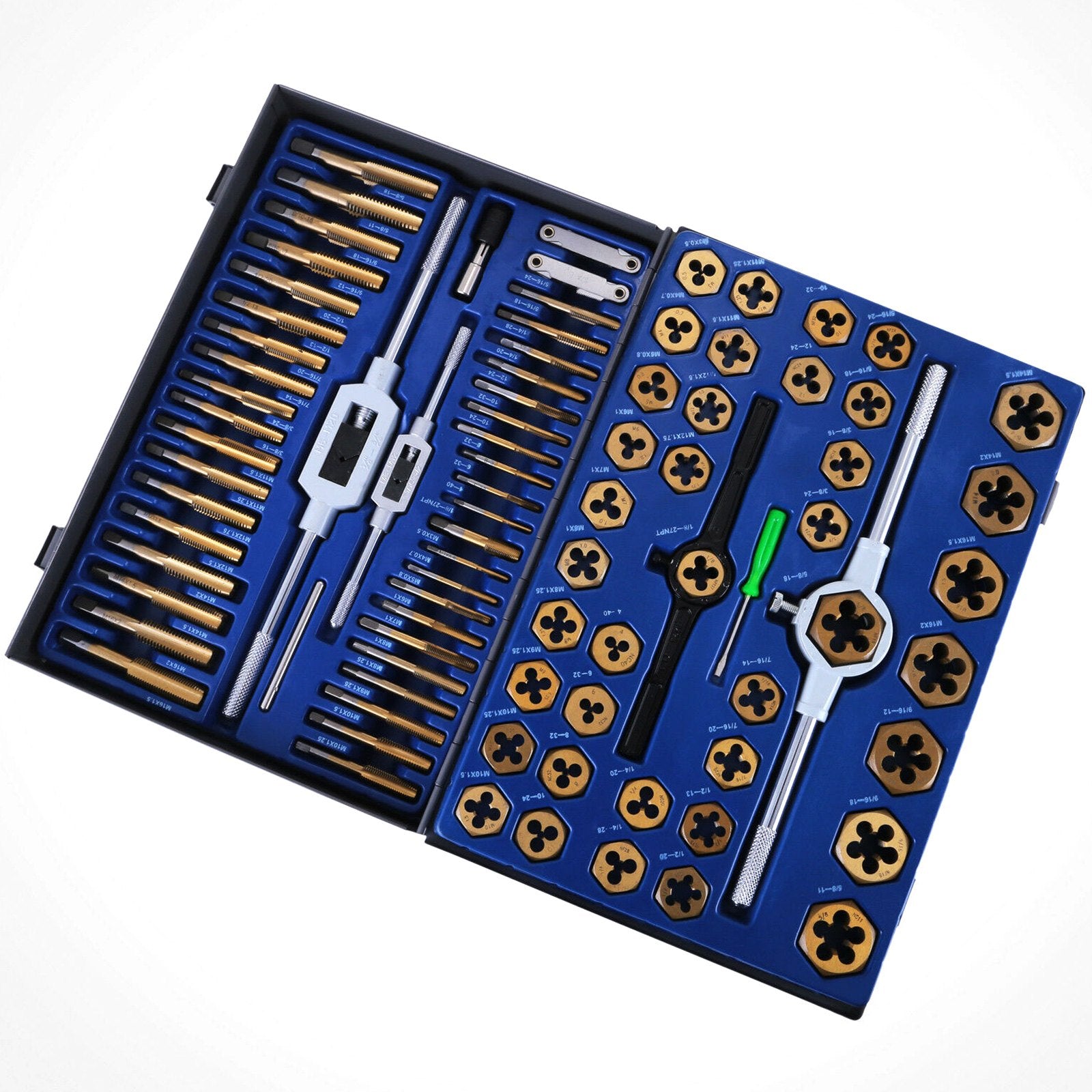 86-Piece Tap and Die Set, Tungsten Steel, Titanium Coated, SAE Metric, Precision Cutting Tools for External Internal Threads