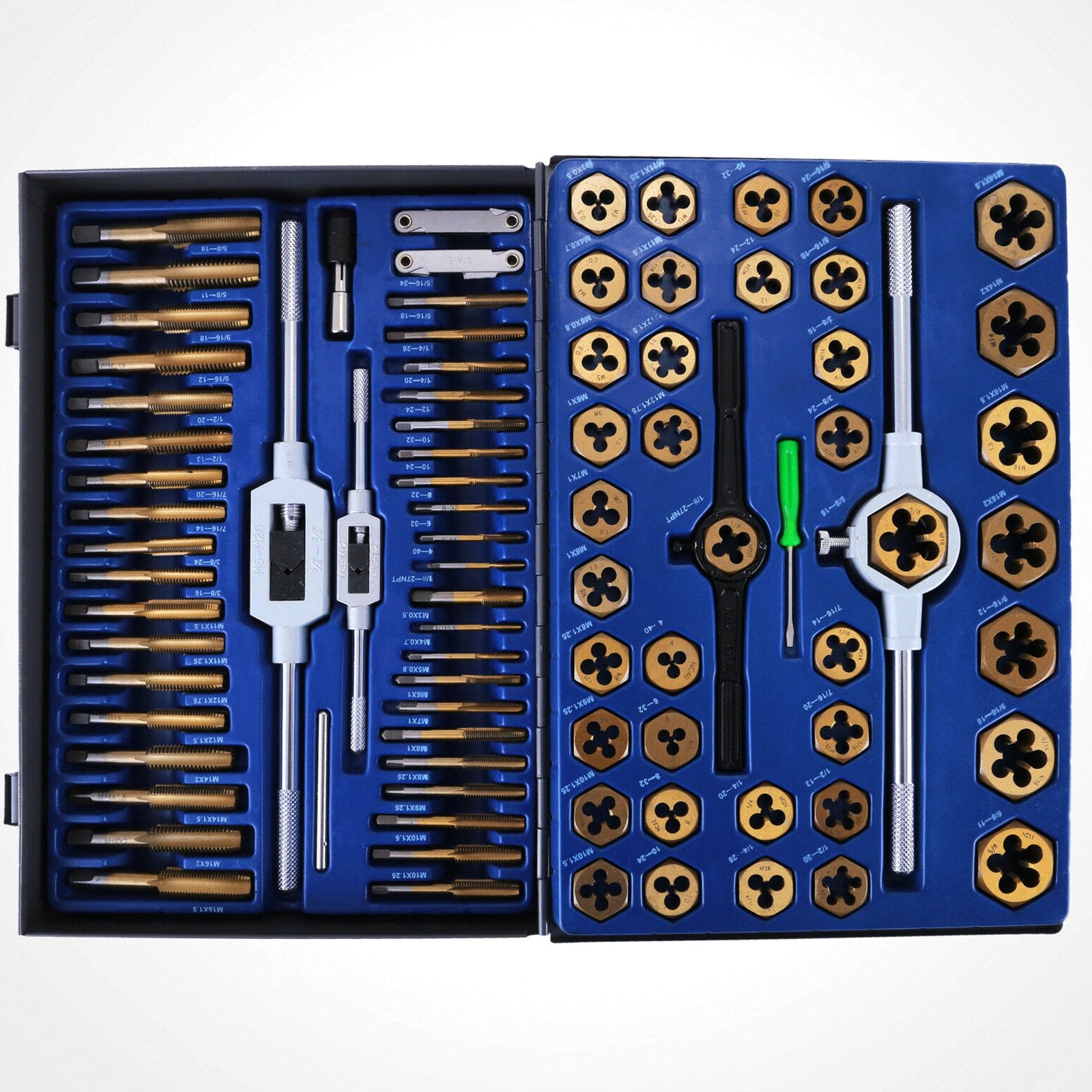 86-Piece Tap and Die Set, Tungsten Steel, Titanium Coated, SAE Metric, Precision Cutting Tools for External Internal Threads