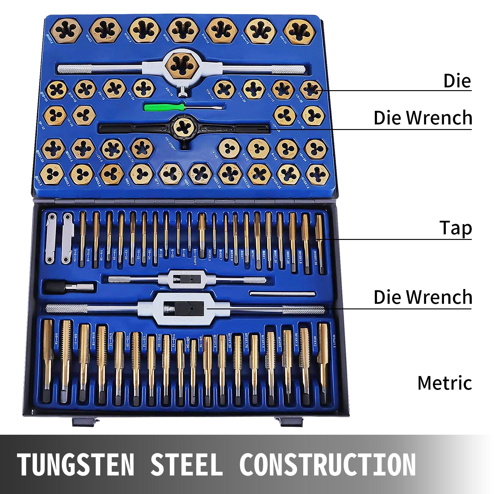 86-Piece Tap and Die Set, Tungsten Steel, Titanium Coated, SAE Metric, Precision Cutting Tools for External Internal Threads