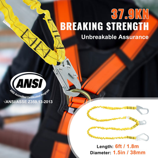 Heavy-Duty 6ft Safety Lanyard with Dual Alloy Snap Hooks, Retractable Belt for Tree Climbing, 38KN Tension, ANSI Certified, Yellow