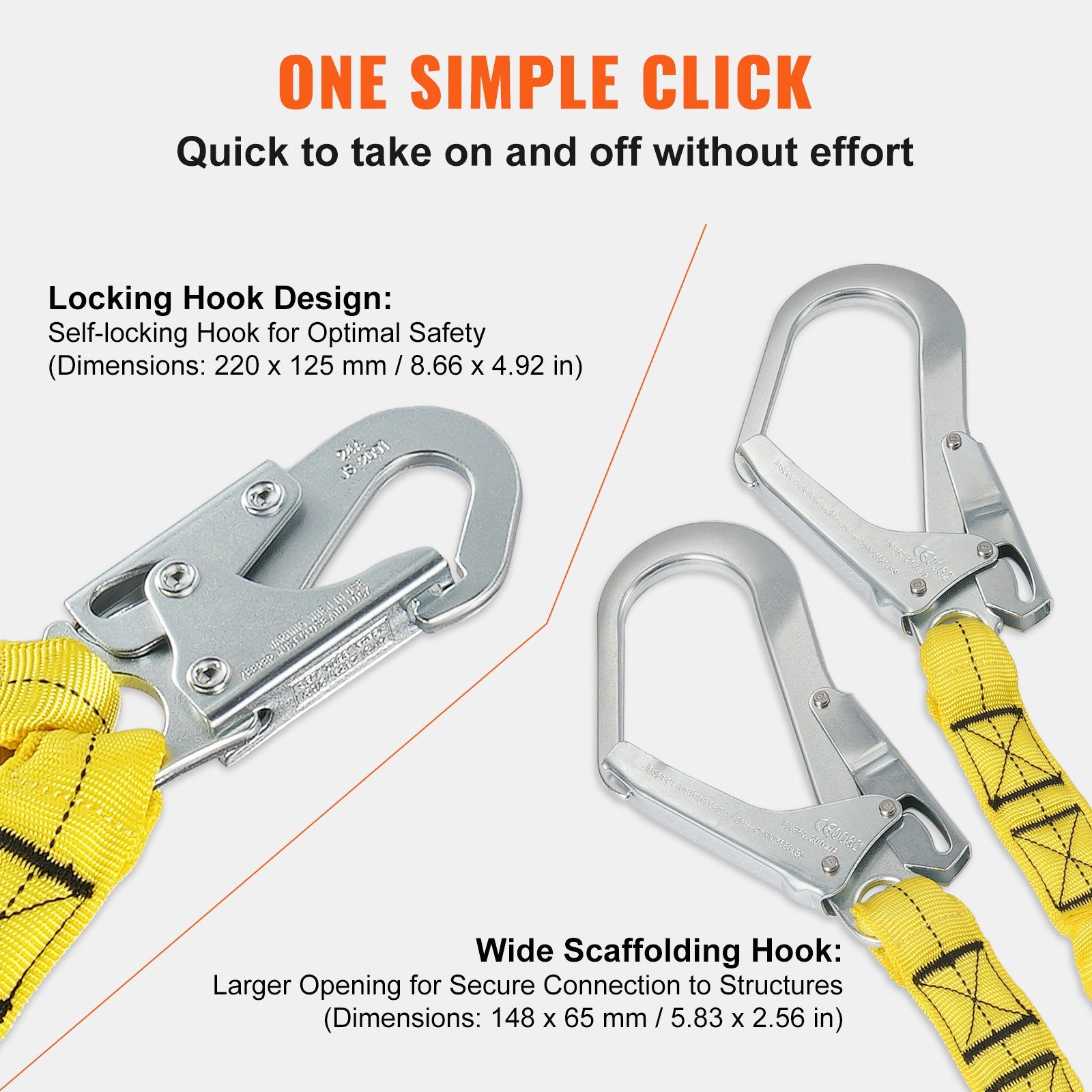 Heavy-Duty 6ft Safety Lanyard with Dual Alloy Snap Hooks, Retractable Belt for Tree Climbing, 38KN Tension, ANSI Certified, Yellow