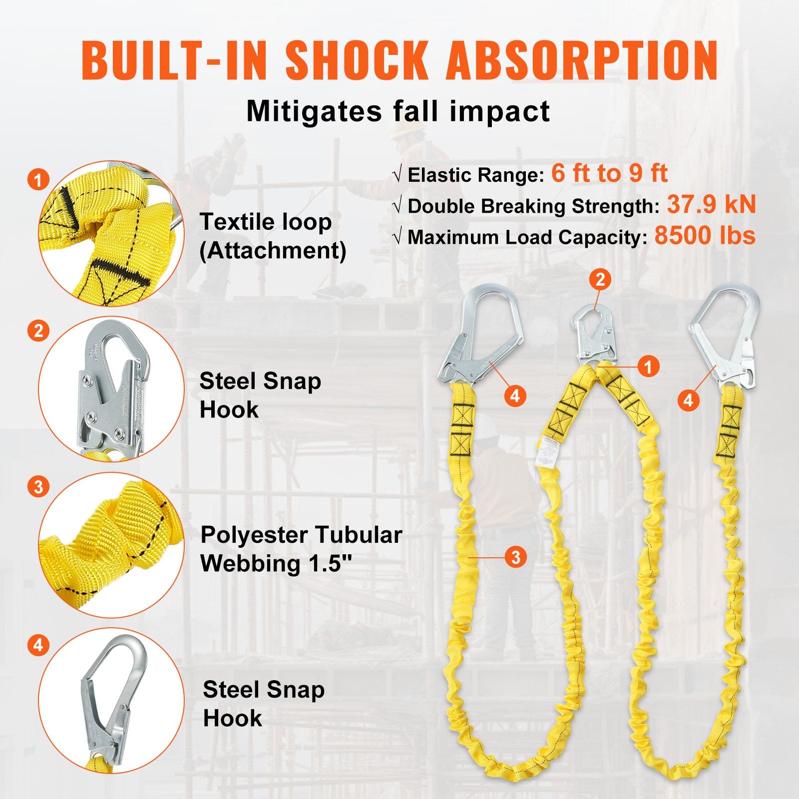 Heavy-Duty 6ft Safety Lanyard with Dual Alloy Snap Hooks, Retractable Belt for Tree Climbing, 38KN Tension, ANSI Certified, Yellow