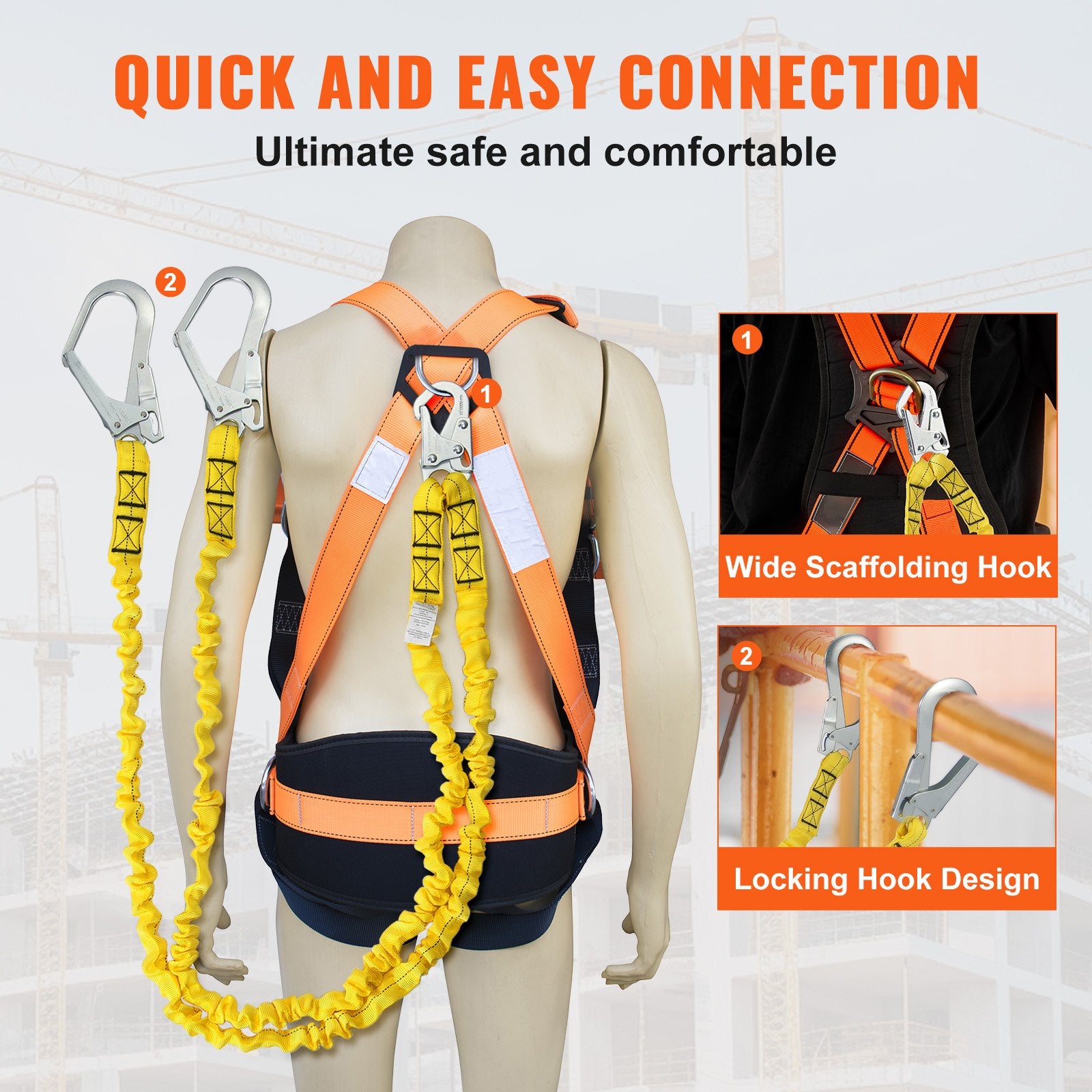 Heavy-Duty 6ft Safety Lanyard with Dual Alloy Snap Hooks, Retractable Belt for Tree Climbing, 38KN Tension, ANSI Certified, Yellow