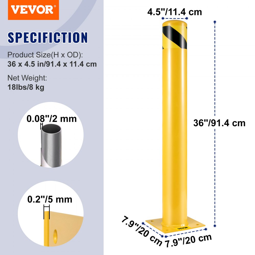 36" Yellow Steel Safety Bollard Post with 4.5" Diameter for Barrier Protection