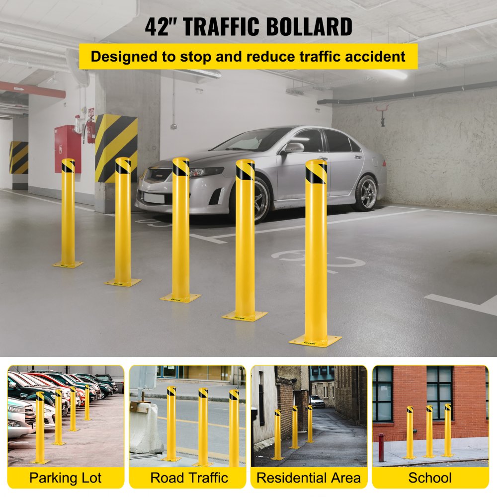 VEVOR Safety Bollard 42-4.5 Safety Barrier Bollard 4-1/2" OD 42" Height Yellow Powder Coat Pipe Steel Safety Barrier with 4 Free Anchor Bolts for Traffic-Sensitive Area