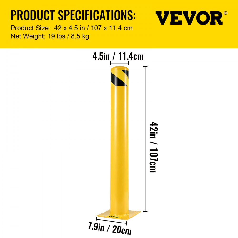 VEVOR Safety Bollard 42-4.5 Safety Barrier Bollard 4-1/2" OD 42" Height Yellow Powder Coat Pipe Steel Safety Barrier with 4 Free Anchor Bolts for Traffic-Sensitive Area