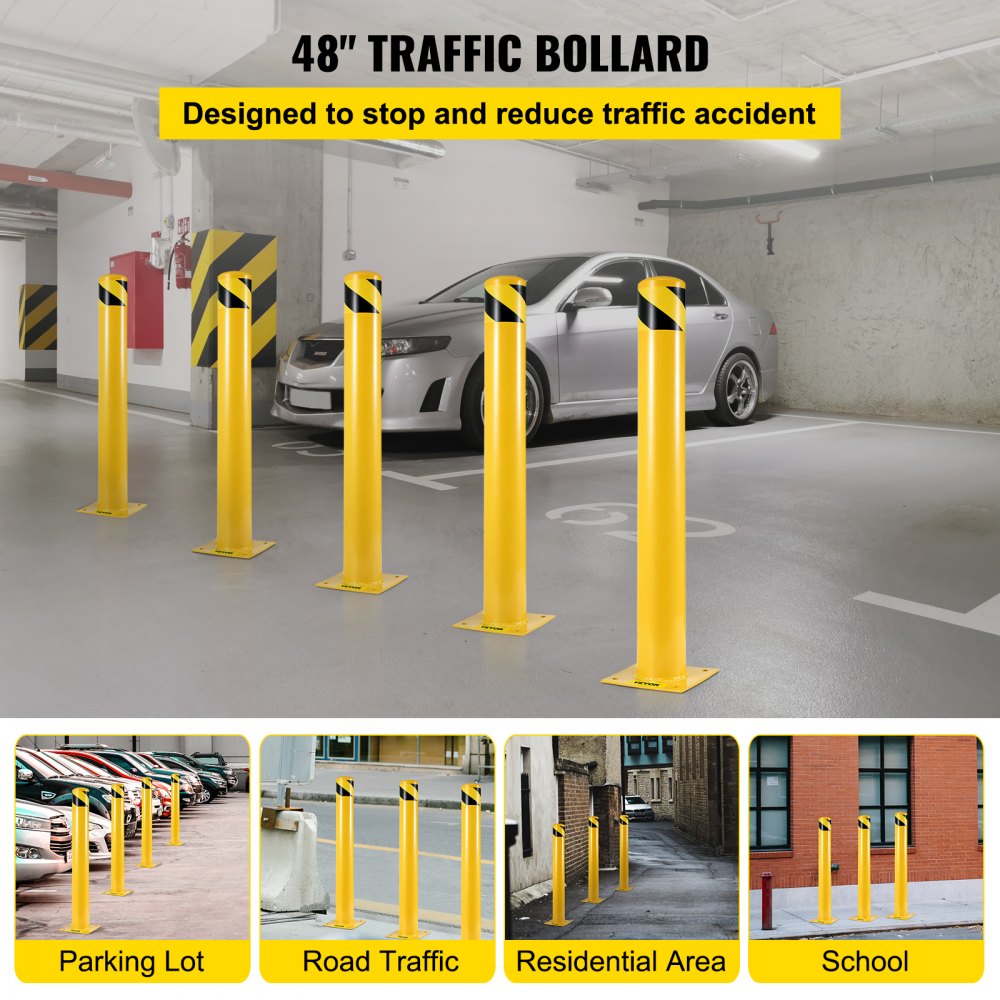 Heavy-Duty Yellow Steel Safety Bollard for Traffic Control with Free Anchor Bolts, 4-1/2" Diameter and 48" Height