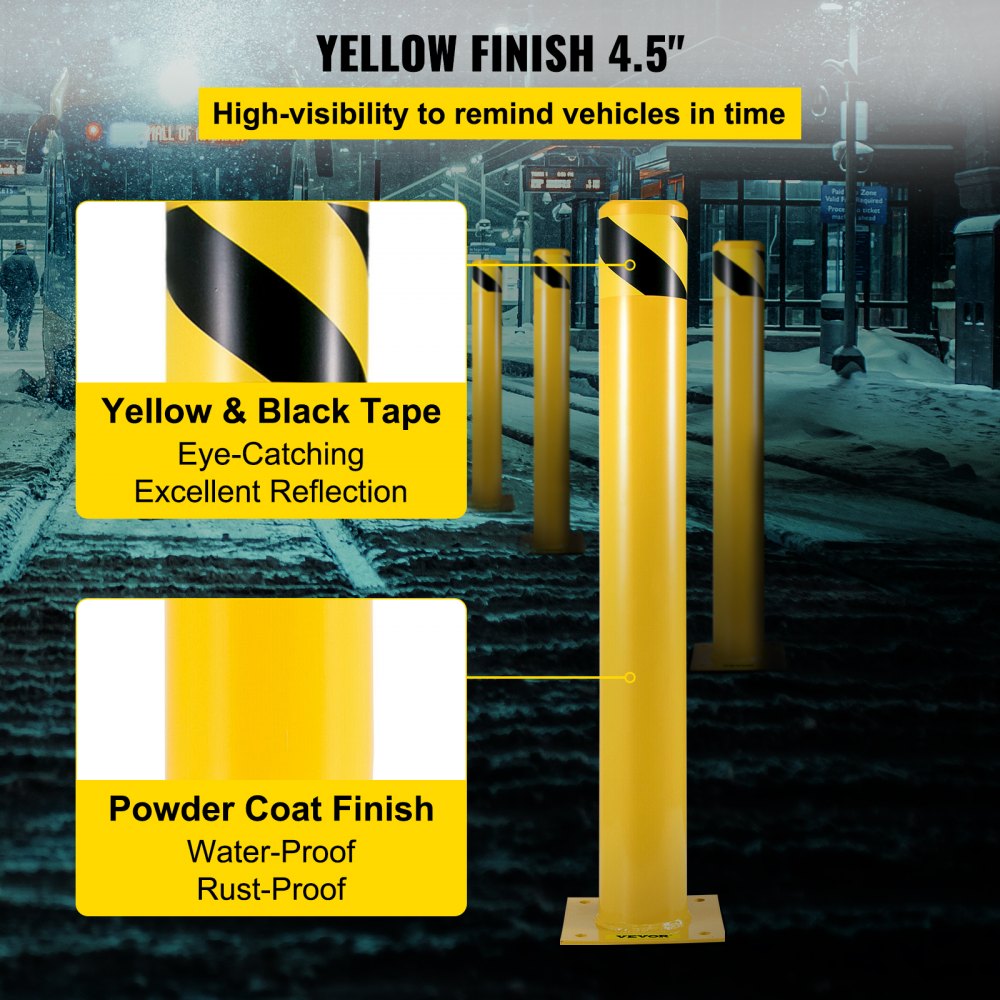Heavy-Duty Yellow Steel Safety Bollard for Traffic Control with Free Anchor Bolts, 4-1/2" Diameter and 48" Height