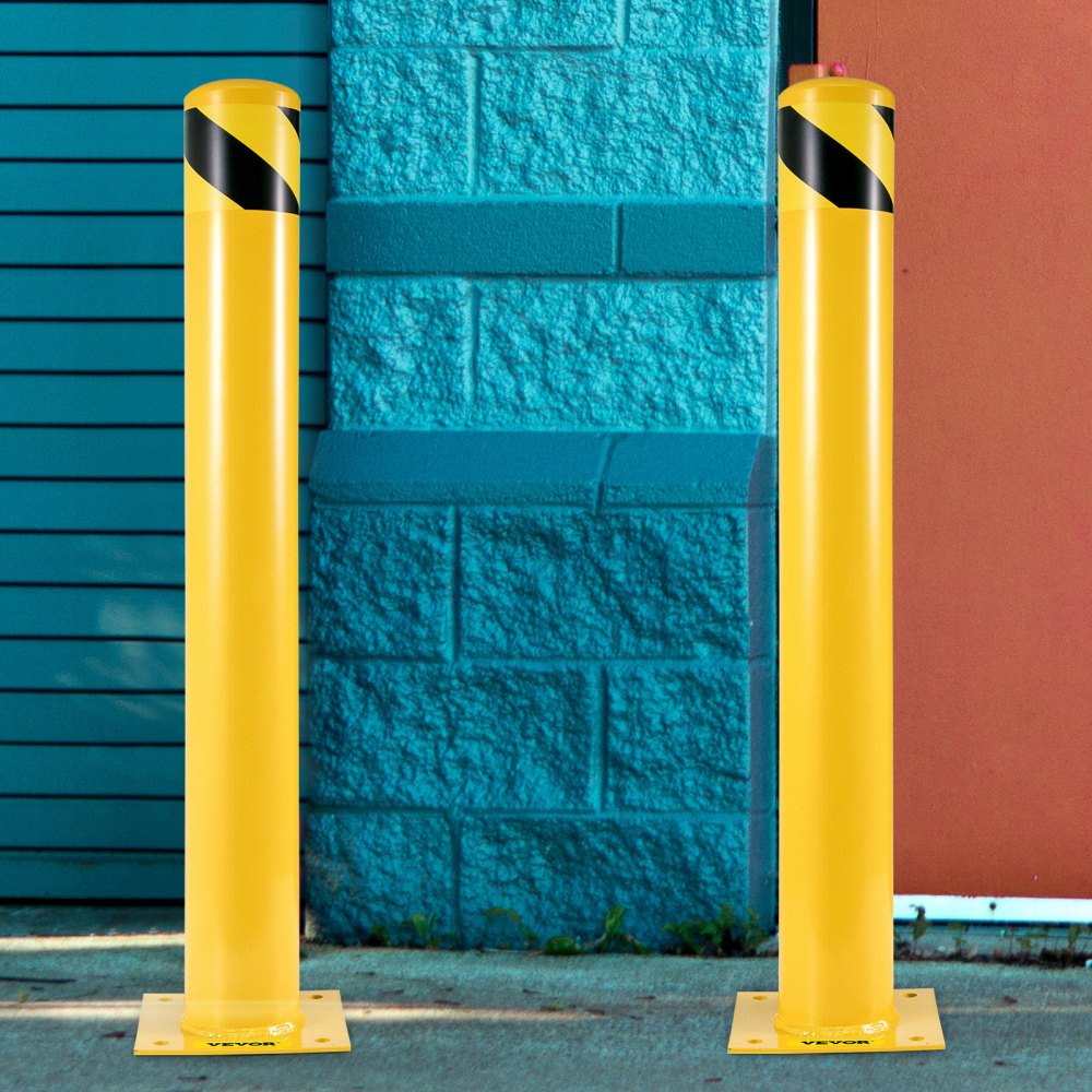 Heavy-Duty Yellow Steel Safety Bollard for Traffic Control with Free Anchor Bolts, 4-1/2" Diameter and 48" Height