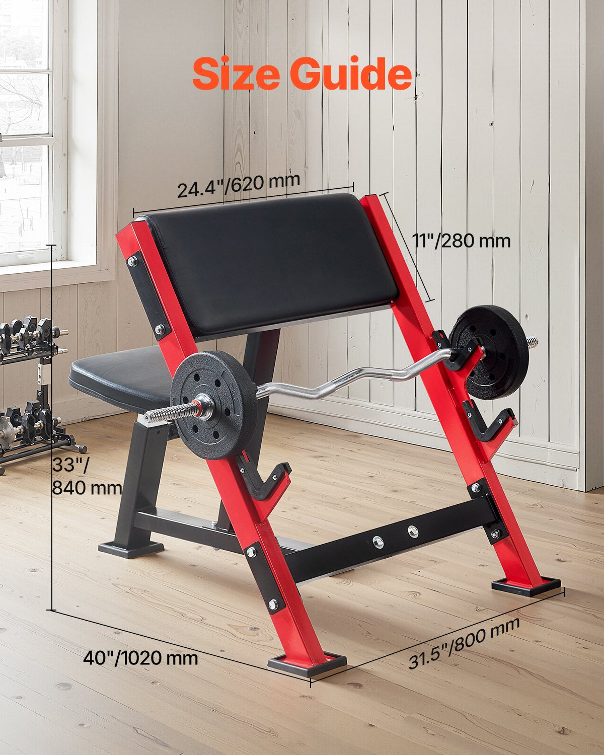Heavy-Duty Adjustable Preacher Curl Bench - 660 LBS Capacity, Home Gym Bicep Station for Barbell & Dumbbell Workouts, Carbon Steel Strength Training Bench with Bar Holders, Black+Red
