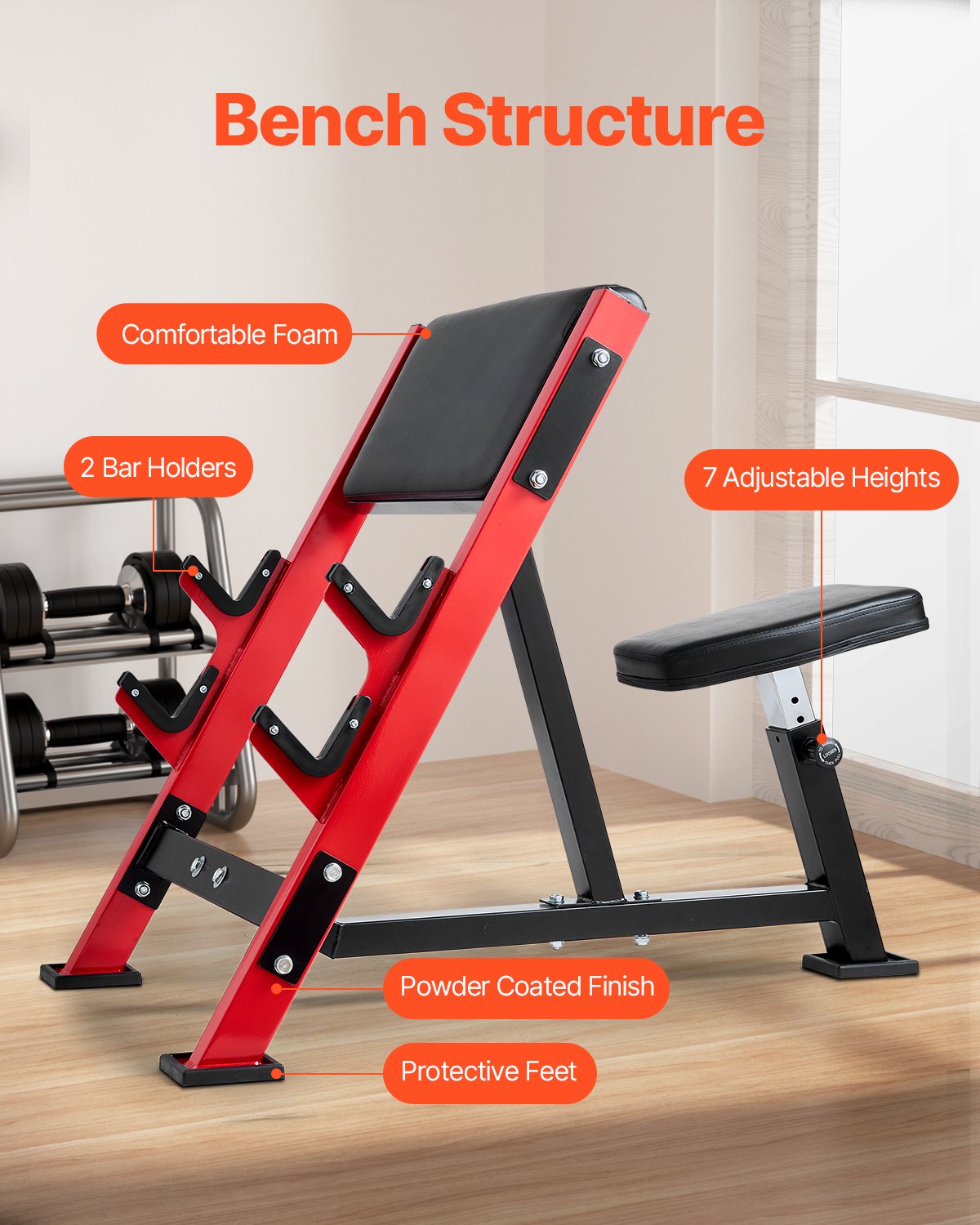Heavy-Duty Adjustable Preacher Curl Bench - 660 LBS Capacity, Home Gym Bicep Station for Barbell & Dumbbell Workouts, Carbon Steel Strength Training Bench with Bar Holders, Black+Red