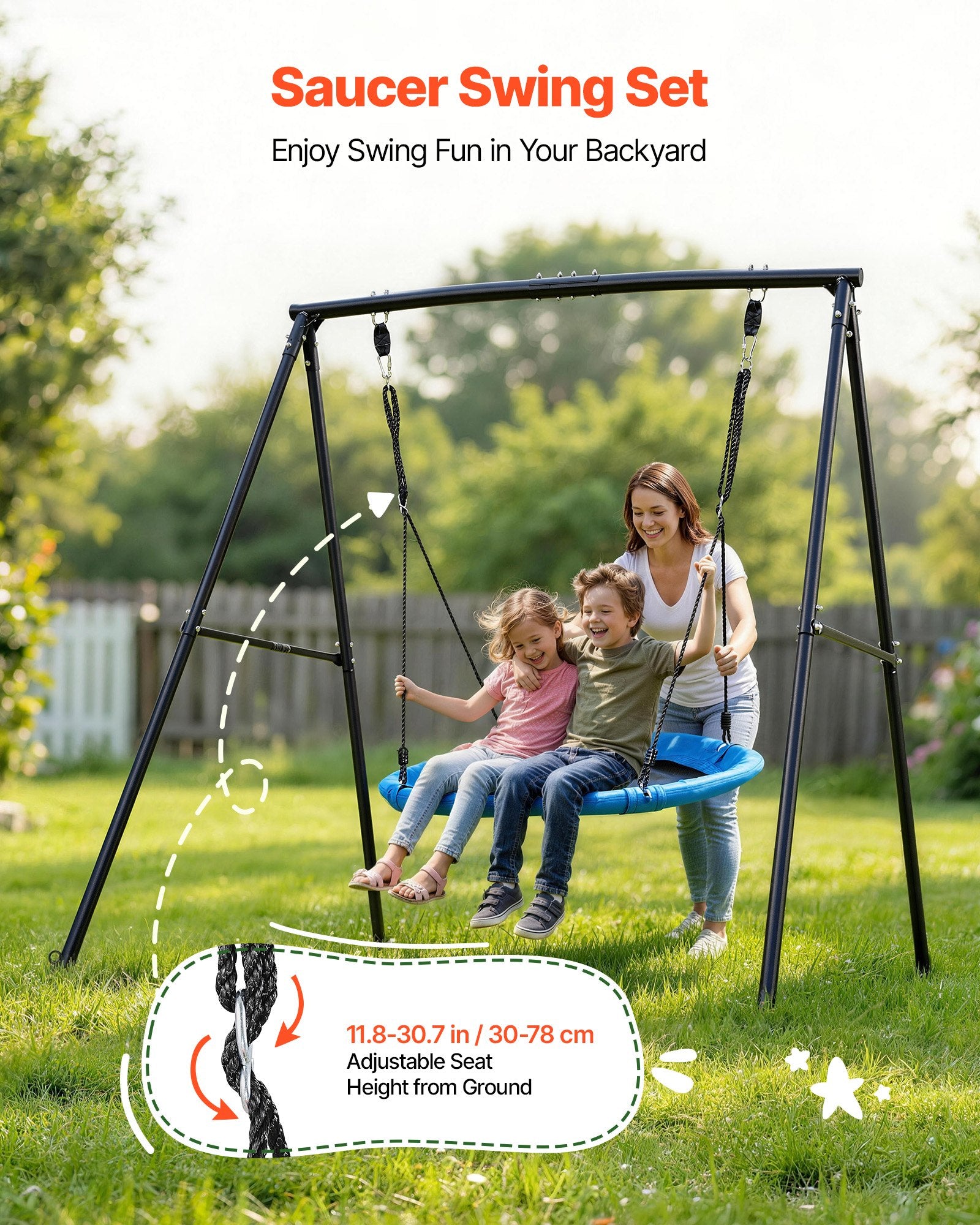 Backyard Swing Set with 40" Saucer Seat, Heavy Duty Metal A-Frame, 440 lbs Capacity, Spiral Anchors for Kids Outdoor Fun, Black & Blue