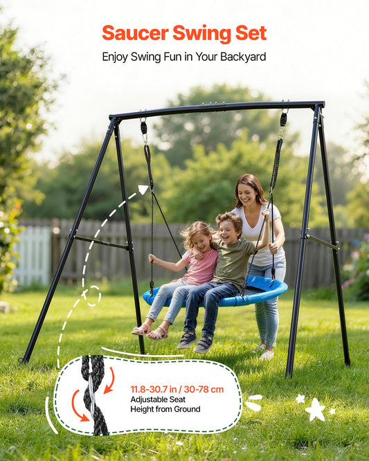 Backyard Swing Set with 40" Saucer Seat, Heavy Duty Metal A-Frame, 440 lbs Capacity, Spiral Anchors for Kids Outdoor Fun, Black & Blue