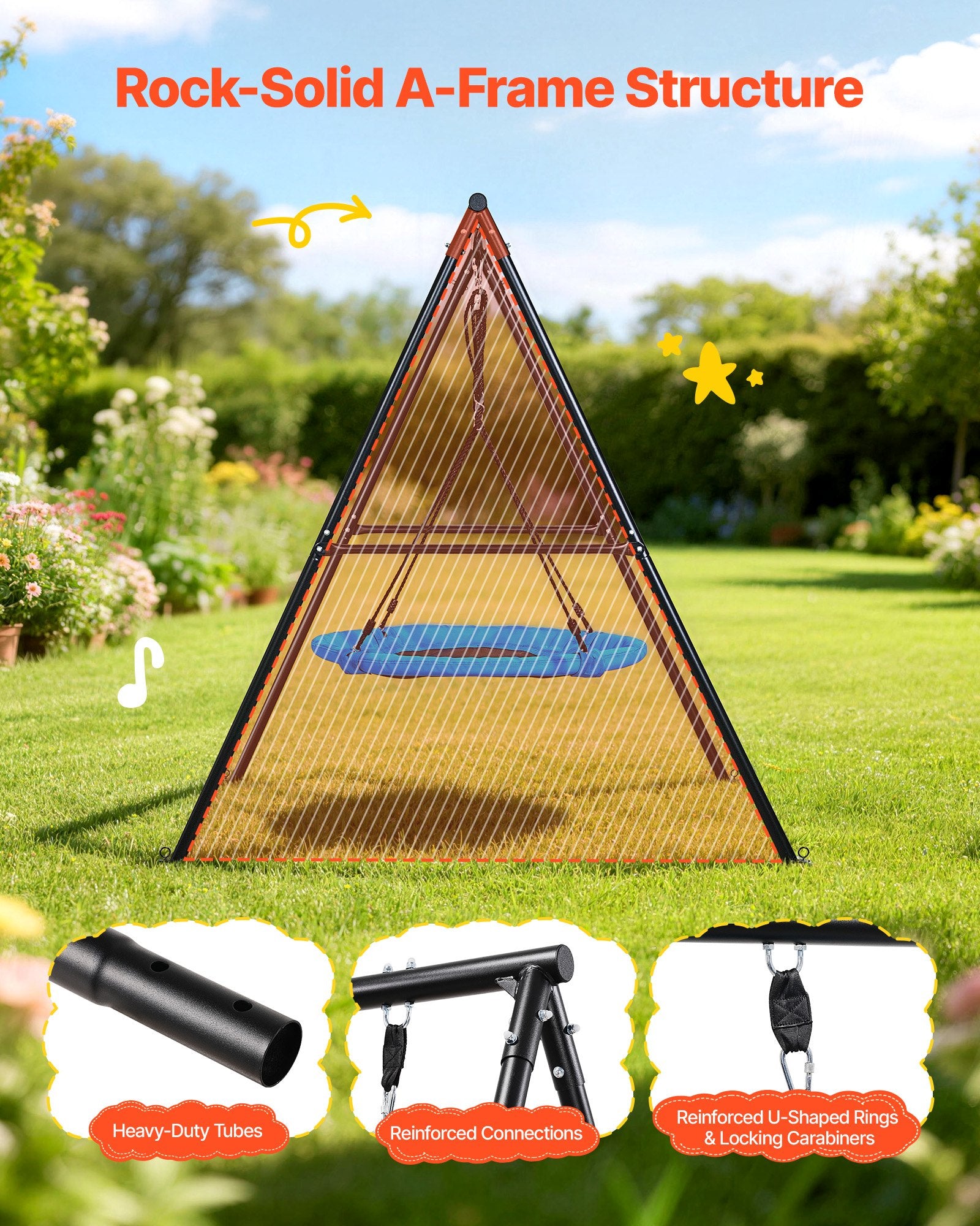 Backyard Swing Set with 40" Saucer Seat, Heavy Duty Metal A-Frame, 440 lbs Capacity, Spiral Anchors for Kids Outdoor Fun, Black & Blue