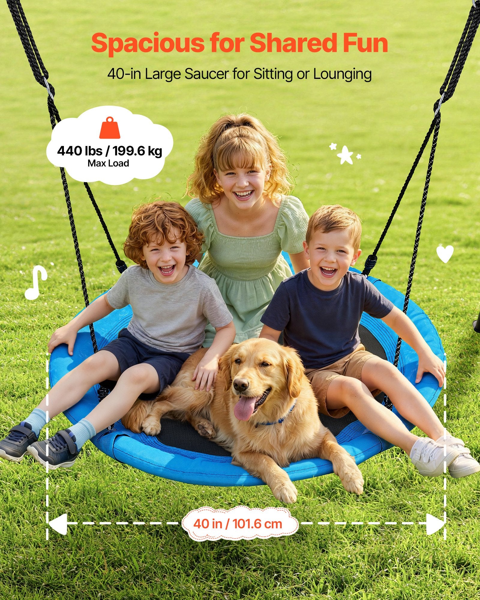 Backyard Swing Set with 40" Saucer Seat, Heavy Duty Metal A-Frame, 440 lbs Capacity, Spiral Anchors for Kids Outdoor Fun, Black & Blue