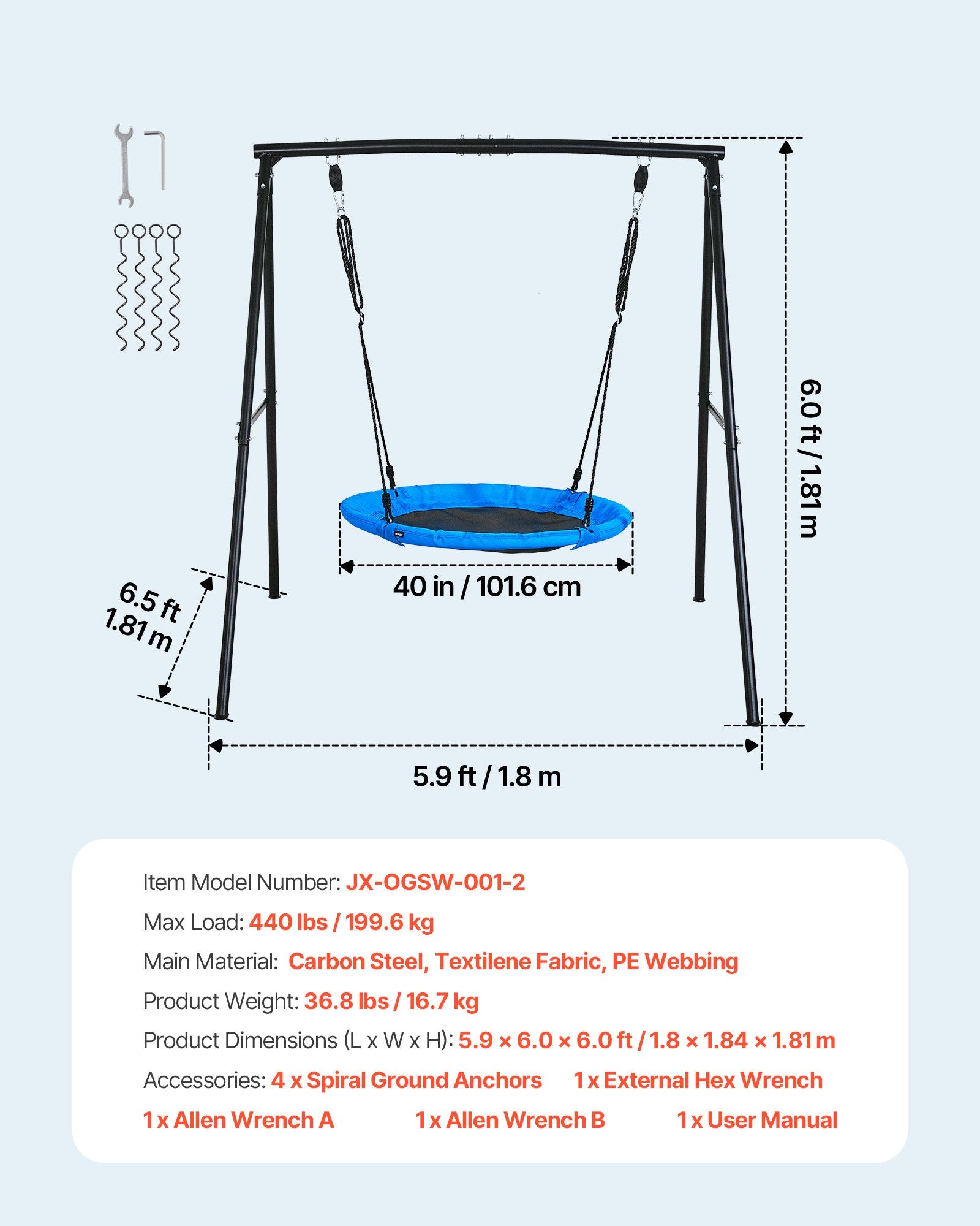 Backyard Swing Set with 40" Saucer Seat, Heavy Duty Metal A-Frame, 440 lbs Capacity, Spiral Anchors for Kids Outdoor Fun, Black & Blue