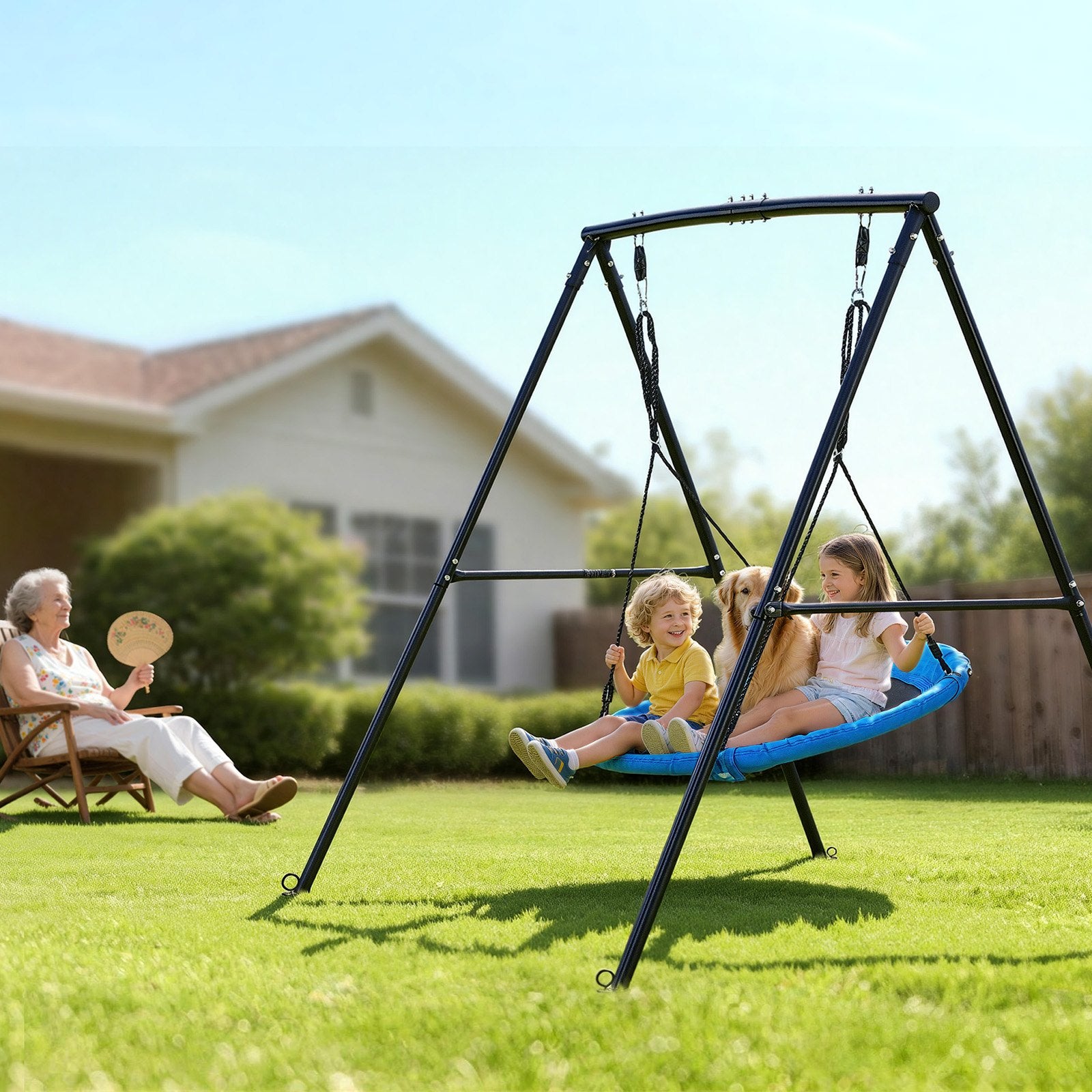 Backyard Swing Set with 40" Saucer Seat, Heavy Duty Metal A-Frame, 440 lbs Capacity, Spiral Anchors for Kids Outdoor Fun, Black & Blue