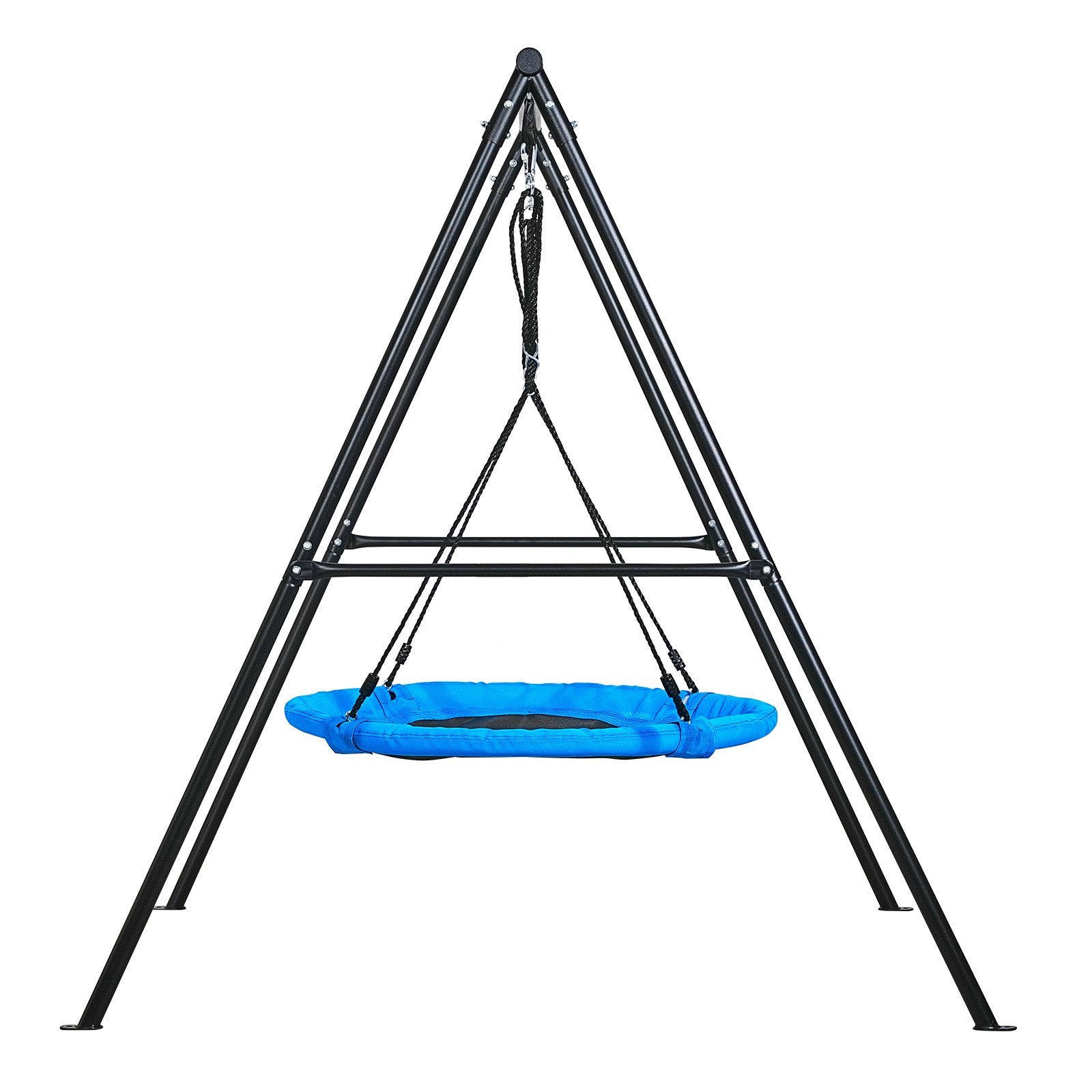 Backyard Swing Set with 40" Saucer Seat, Heavy Duty Metal A-Frame, 440 lbs Capacity, Spiral Anchors for Kids Outdoor Fun, Black & Blue