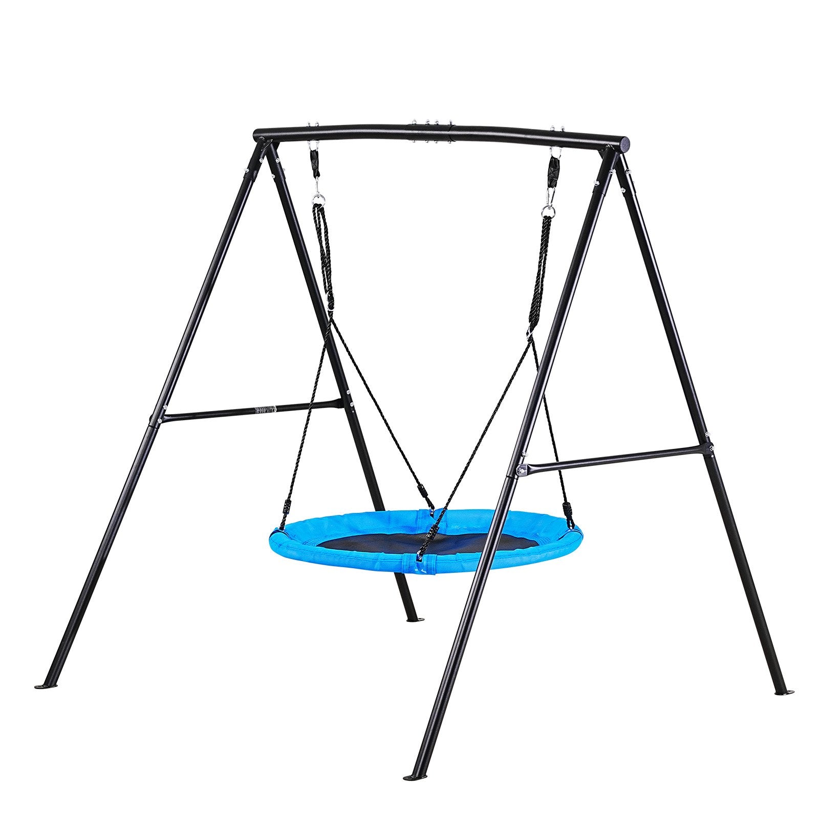 Backyard Swing Set with 40" Saucer Seat, Heavy Duty Metal A-Frame, 440 lbs Capacity, Spiral Anchors for Kids Outdoor Fun, Black & Blue