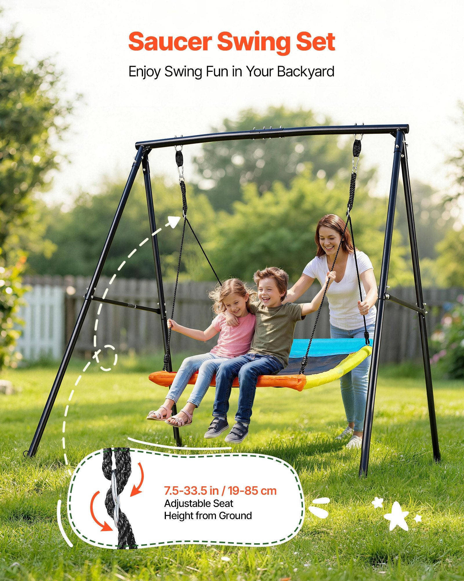 Heavy Duty Backyard Swing Set with 60x32" Seat, A-Frame Stand, 440 lbs Capacity, Spiral Anchors, Outdoor Fun for Kids, Black & Colorful Design