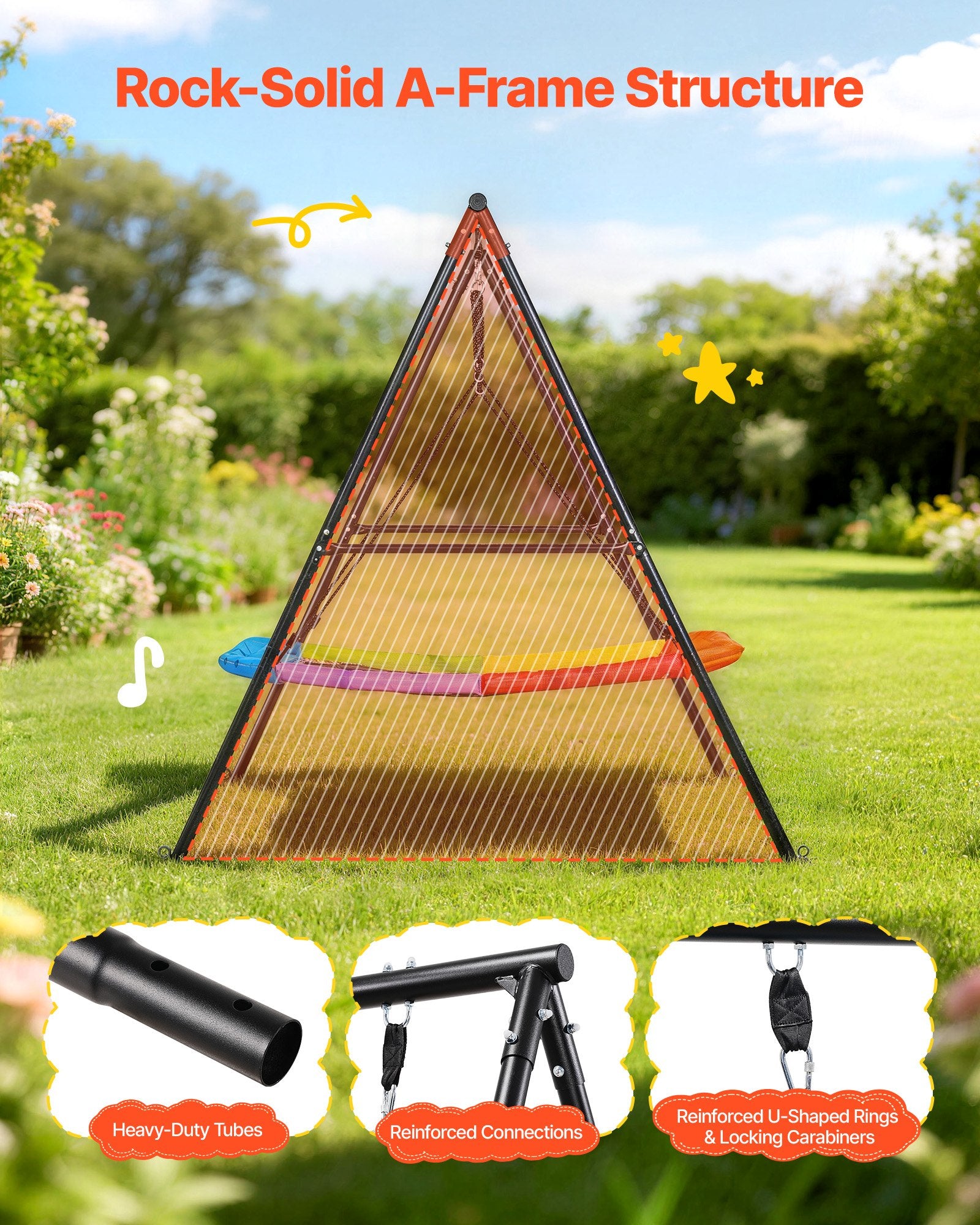 Heavy Duty Backyard Swing Set with 60x32" Seat, A-Frame Stand, 440 lbs Capacity, Spiral Anchors, Outdoor Fun for Kids, Black & Colorful Design