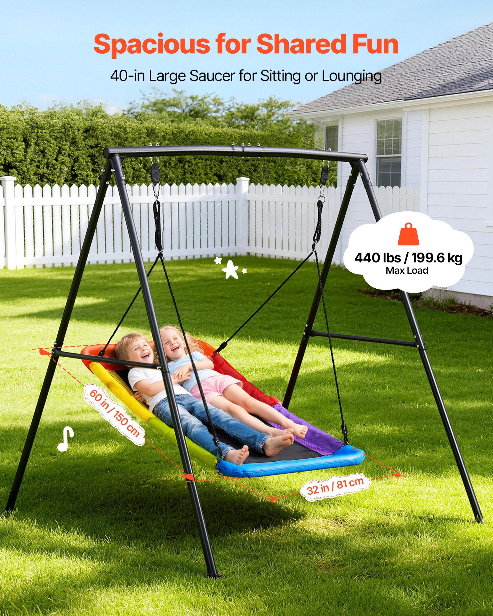 Heavy Duty Backyard Swing Set with 60x32" Seat, A-Frame Stand, 440 lbs Capacity, Spiral Anchors, Outdoor Fun for Kids, Black & Colorful Design
