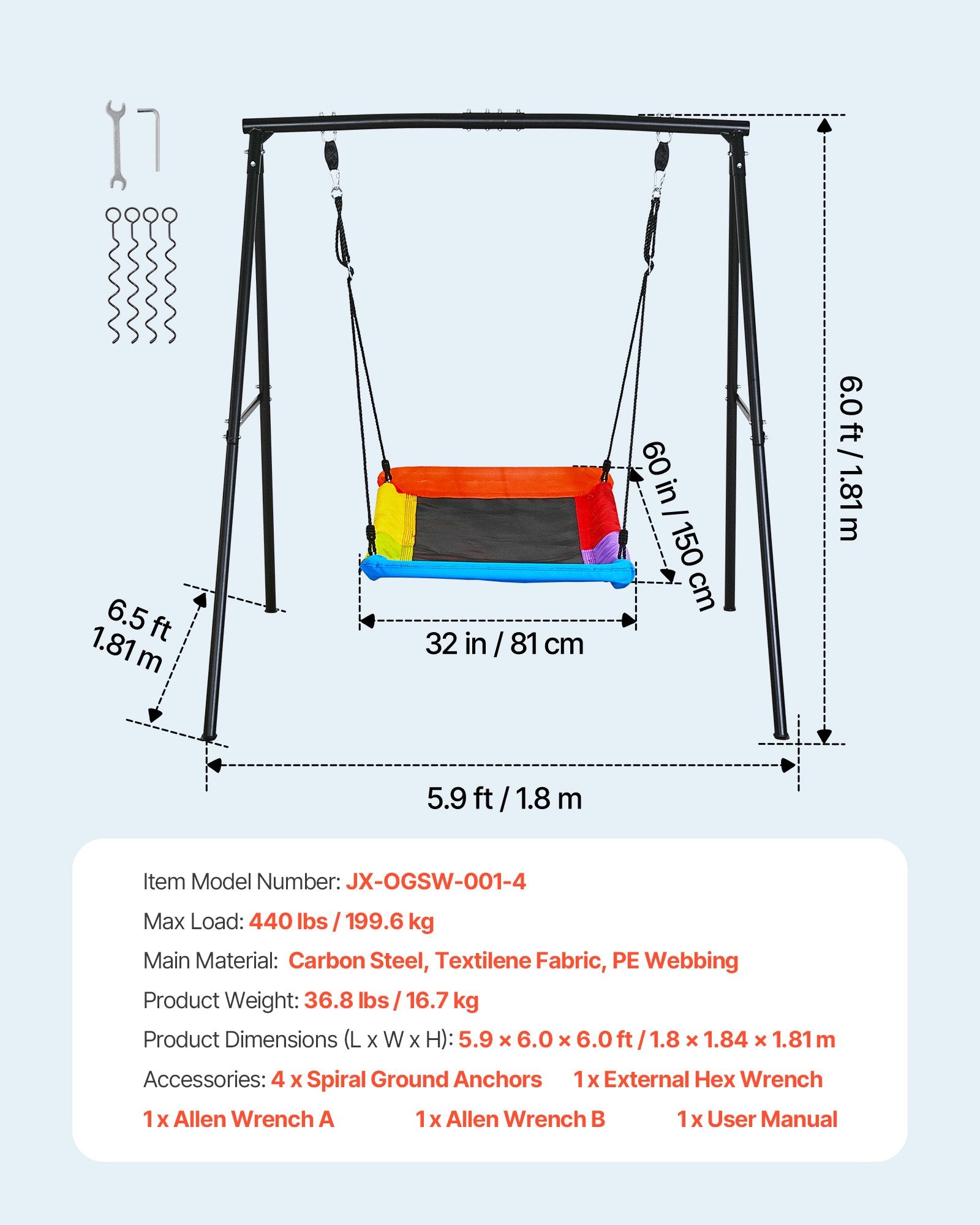 Heavy Duty Backyard Swing Set with 60x32" Seat, A-Frame Stand, 440 lbs Capacity, Spiral Anchors, Outdoor Fun for Kids, Black & Colorful Design