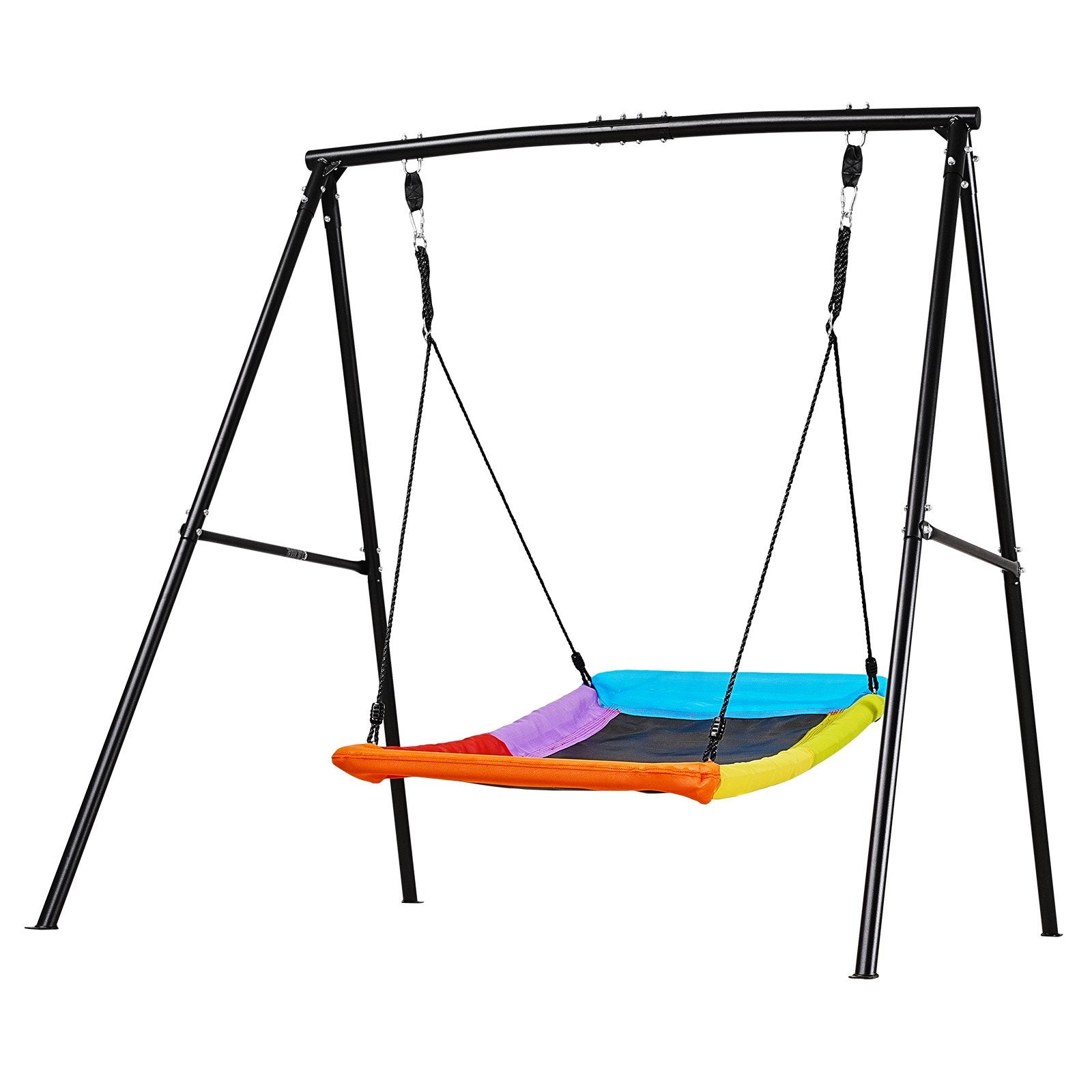 Heavy Duty Backyard Swing Set with 60x32" Seat, A-Frame Stand, 440 lbs Capacity, Spiral Anchors, Outdoor Fun for Kids, Black & Colorful Design