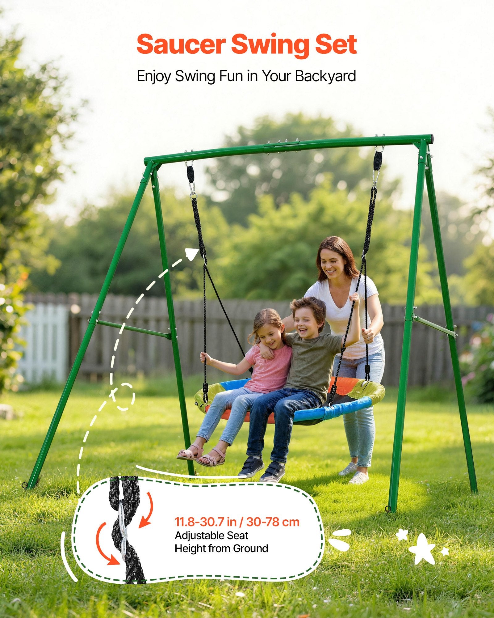 Backyard Swing Set with 40" Saucer Swing, Heavy Duty Metal A-Frame, 440 lbs Capacity, Spiral Anchors, Outdoor Kids Play, Green & Colorful