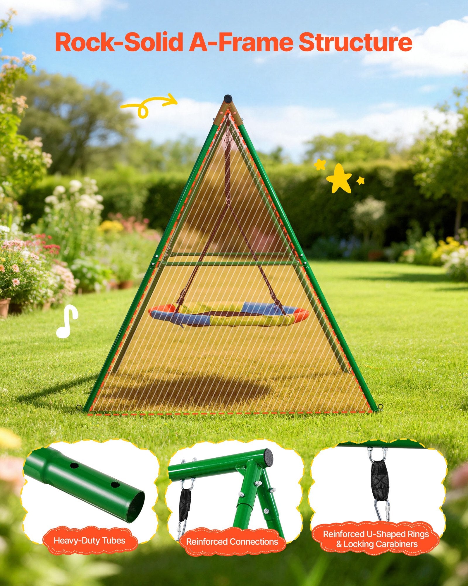 Backyard Swing Set with 40" Saucer Swing, Heavy Duty Metal A-Frame, 440 lbs Capacity, Spiral Anchors, Outdoor Kids Play, Green & Colorful