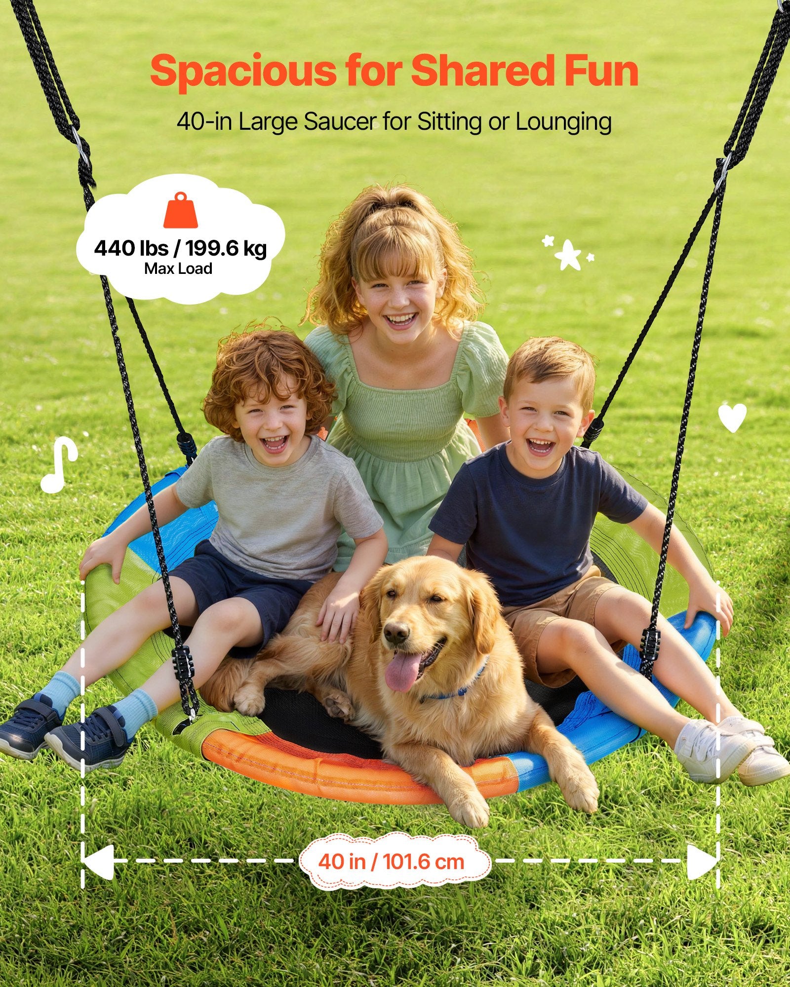 Backyard Swing Set with 40" Saucer Swing, Heavy Duty Metal A-Frame, 440 lbs Capacity, Spiral Anchors, Outdoor Kids Play, Green & Colorful