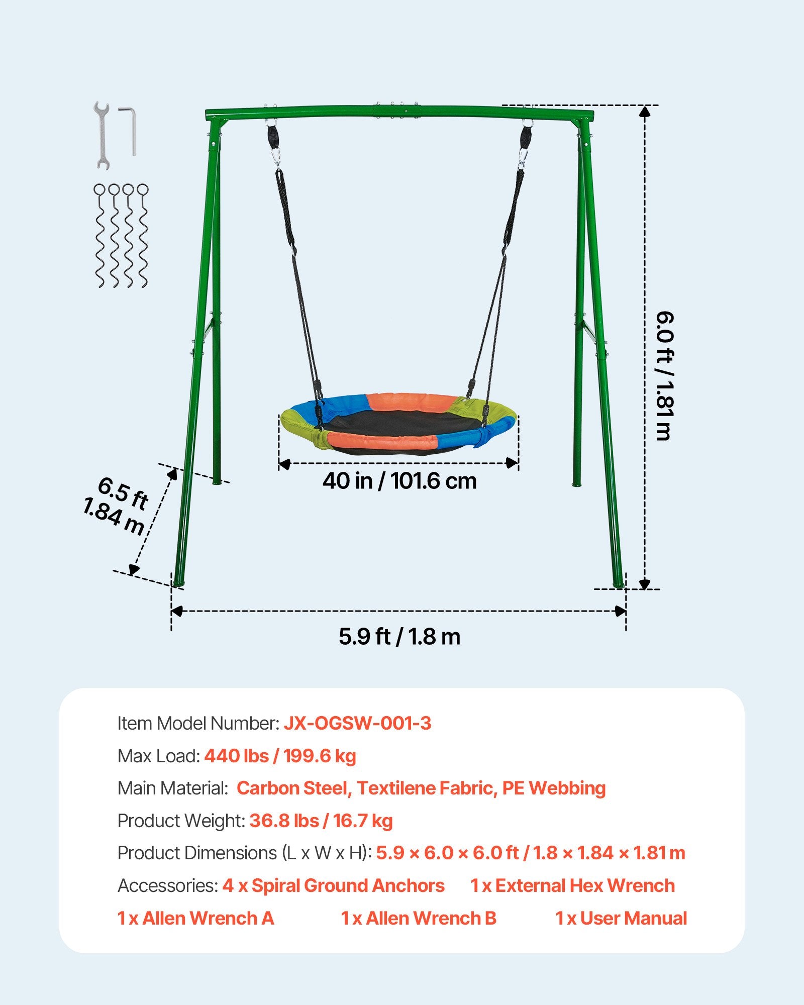 Backyard Swing Set with 40" Saucer Swing, Heavy Duty Metal A-Frame, 440 lbs Capacity, Spiral Anchors, Outdoor Kids Play, Green & Colorful
