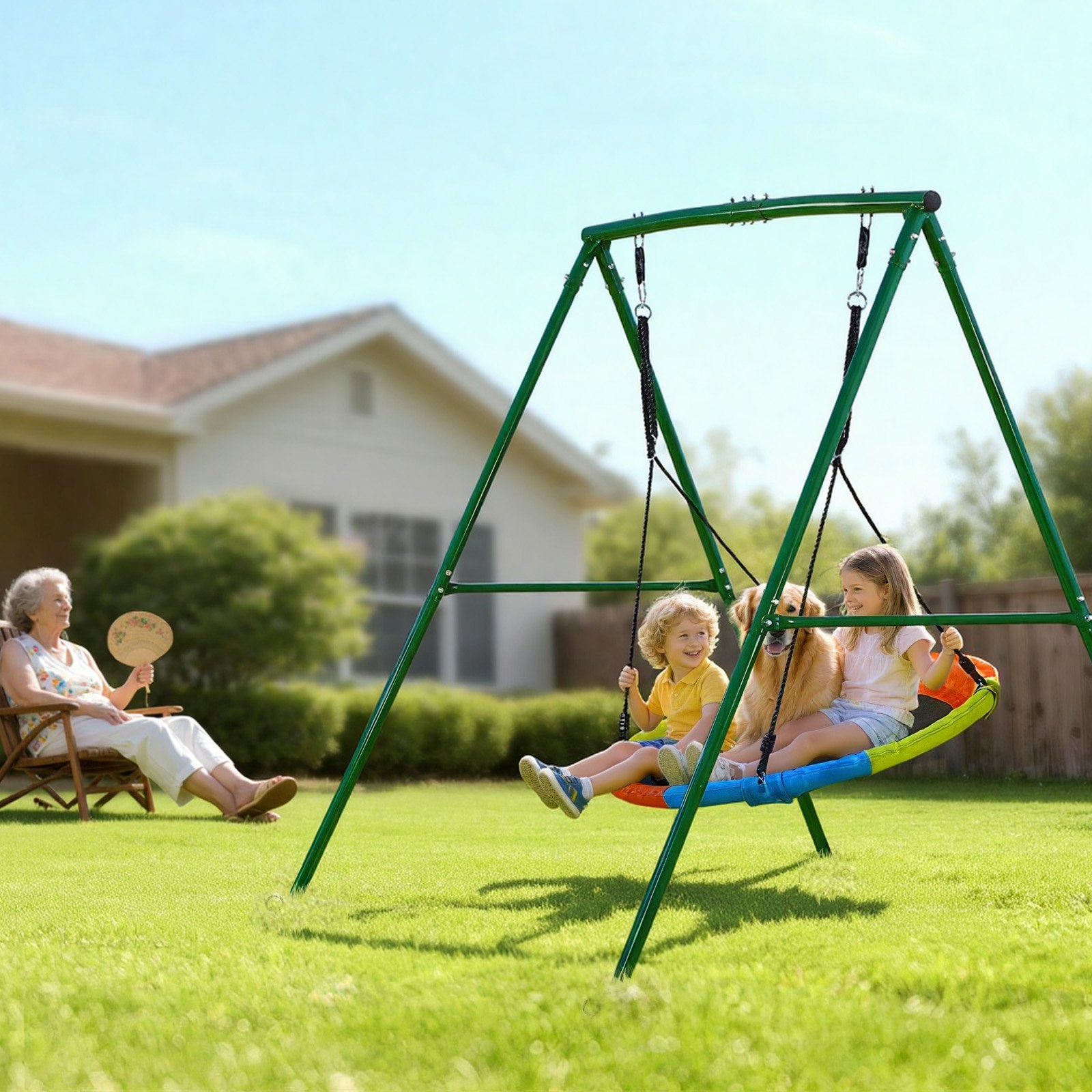 Backyard Swing Set with 40" Saucer Swing, Heavy Duty Metal A-Frame, 440 lbs Capacity, Spiral Anchors, Outdoor Kids Play, Green & Colorful