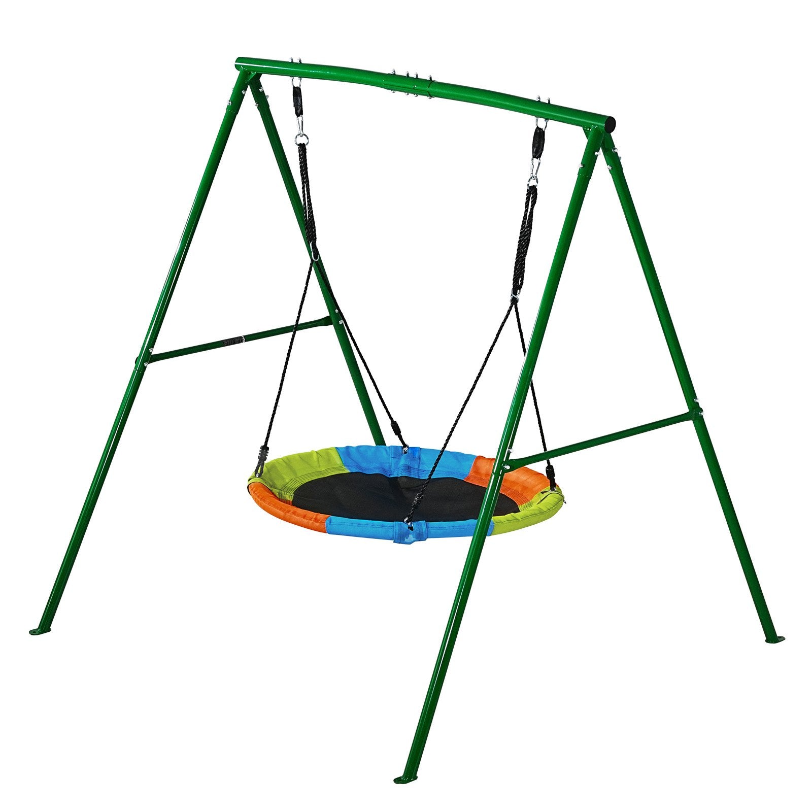 Backyard Swing Set with 40" Saucer Swing, Heavy Duty Metal A-Frame, 440 lbs Capacity, Spiral Anchors, Outdoor Kids Play, Green & Colorful