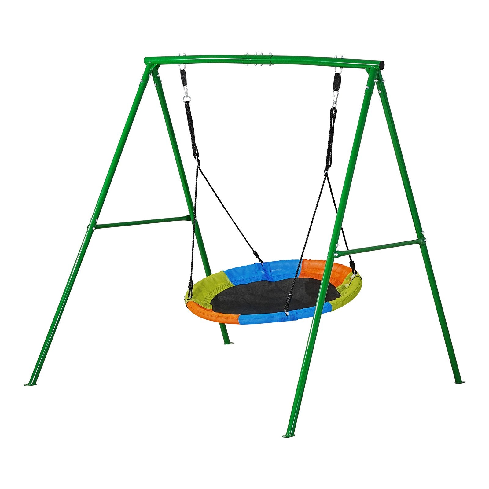 Backyard Swing Set with 40" Saucer Swing, Heavy Duty Metal A-Frame, 440 lbs Capacity, Spiral Anchors, Outdoor Kids Play, Green & Colorful