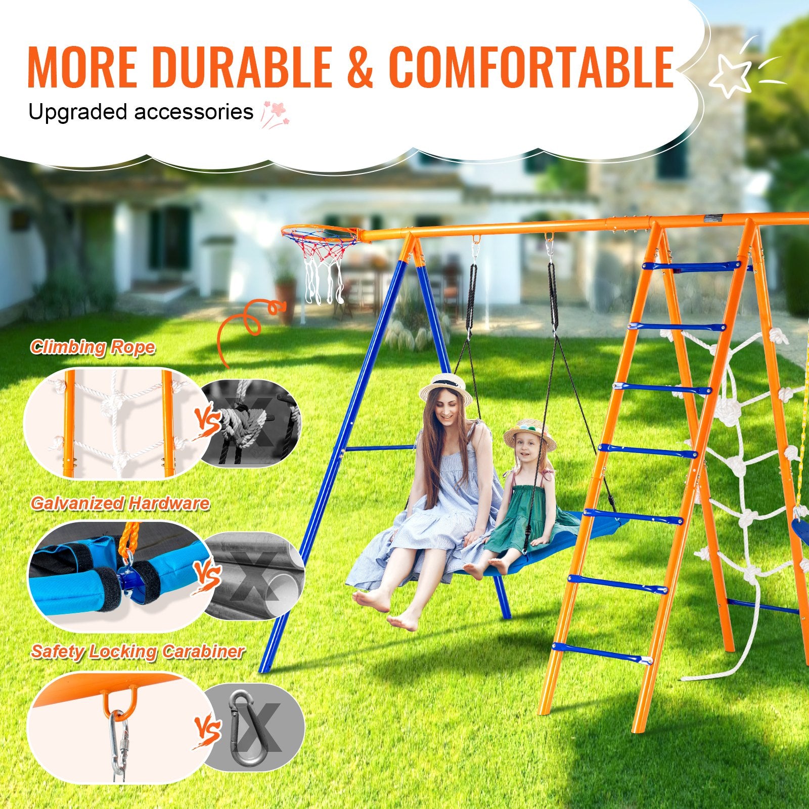 6-in-1 Heavy-Duty Metal Swing Set for Backyard Fun - Includes Swings, Trapeze Bar, Climbing Features, Basketball Hoop - 440lbs Capacity for Kids 3+
