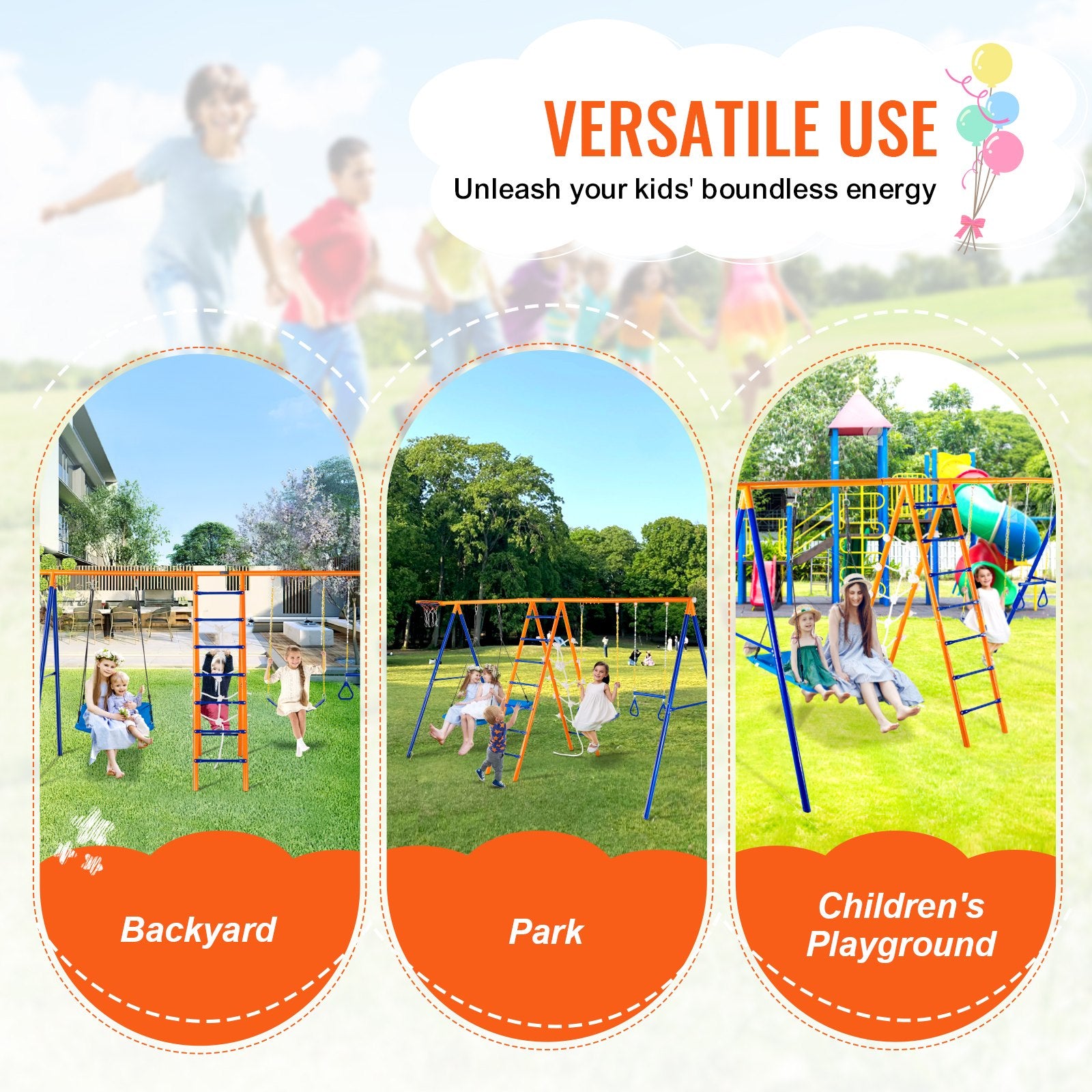 6-in-1 Heavy-Duty Metal Swing Set for Backyard Fun - Includes Swings, Trapeze Bar, Climbing Features, Basketball Hoop - 440lbs Capacity for Kids 3+