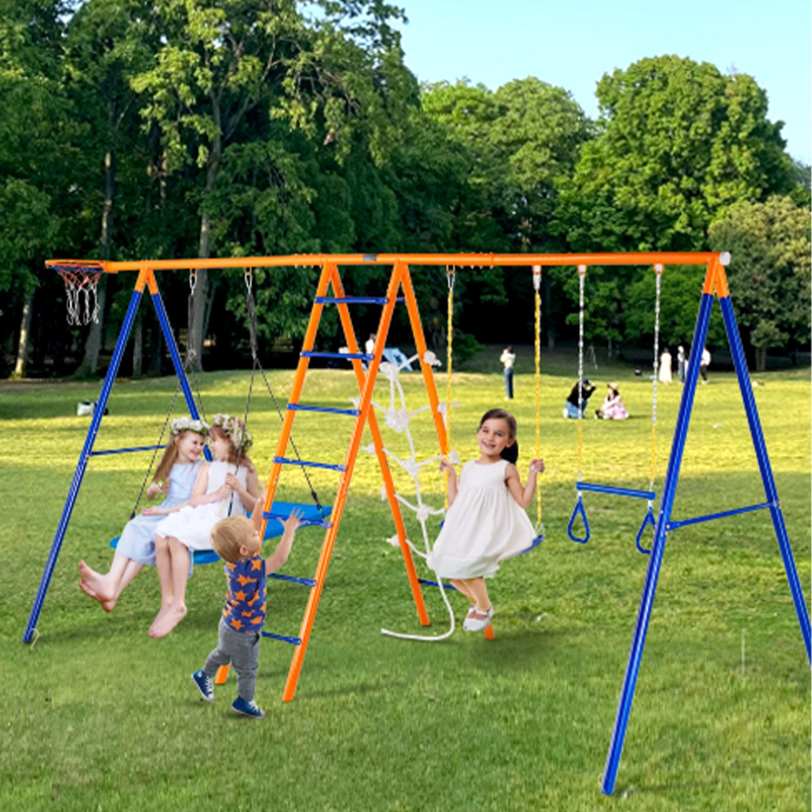 6-in-1 Heavy-Duty Metal Swing Set for Backyard Fun - Includes Swings, Trapeze Bar, Climbing Features, Basketball Hoop - 440lbs Capacity for Kids 3+
